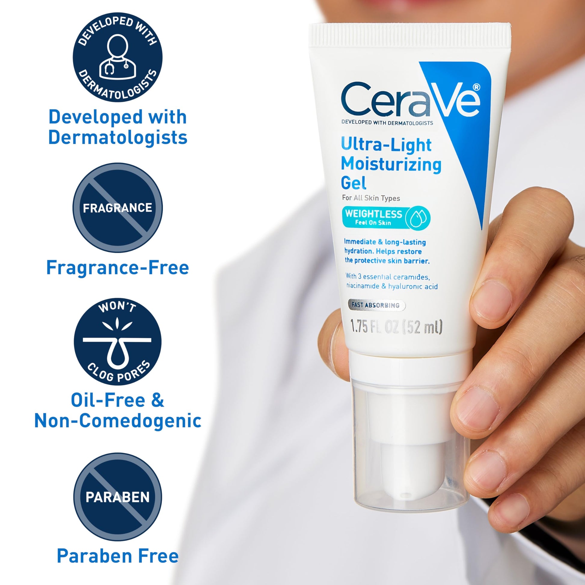CeraVe - Gel hidratante ultraligero, gel hidratante facial para hombres y mujeres con ceramidas, niacinamida, ácido hialurónico, sin fragancia, sin aceite, hidratante matificante, 1.75 onzas líquidas