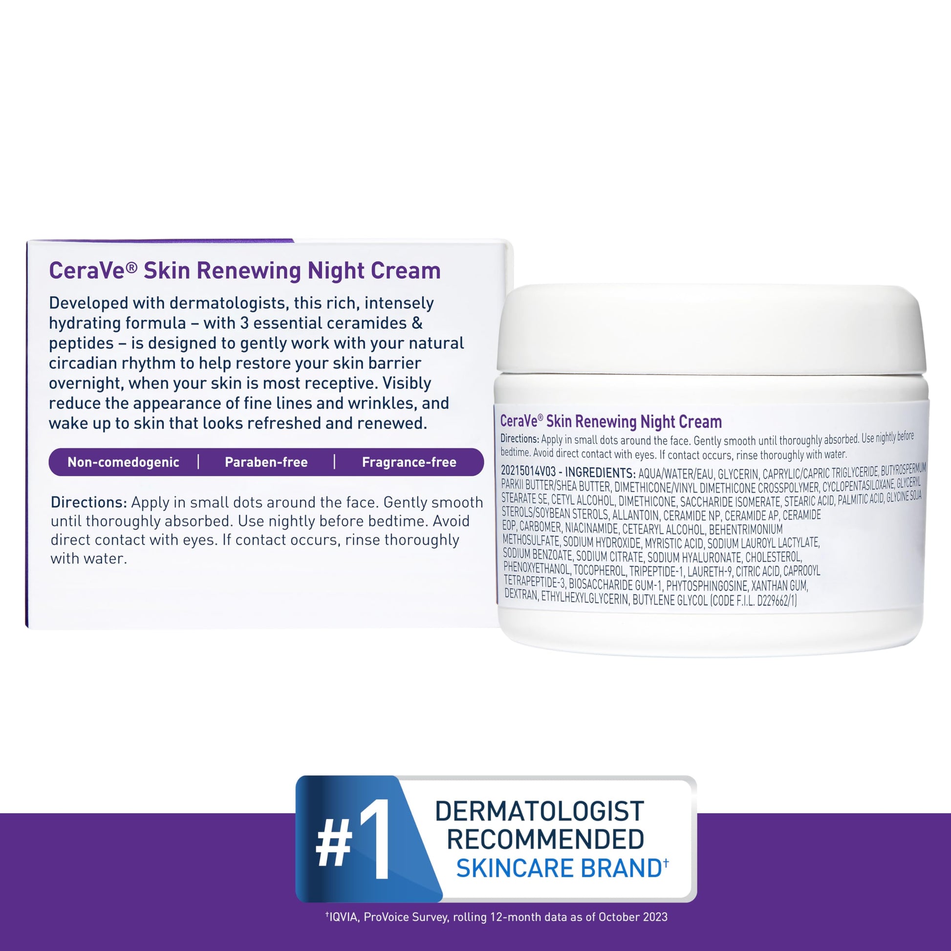 CeraVe - Crema de noche renovadora para la piel, hidratante facial con niacinamida, complejo peptídico y ácido hialurónico, 50 ml (el envase puede variar).