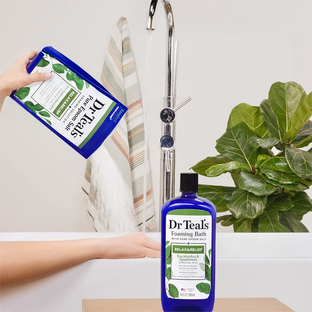 Dr Teal's - Sal de Epsom - Remojo, relajación y alivio con eucalipto y menta verde, 3 libras (paquete de 4)