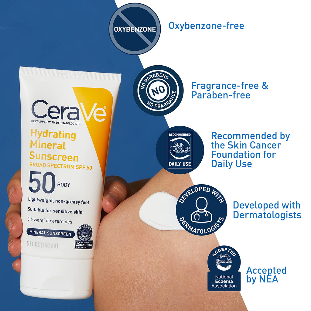 CeraVe - Protector solar mineral 100 % FPS 50 con óxido de zinc y dióxido de titanio, ácido hialurónico y ceramidas, sin aceite ni grasa, hidratante para el cuerpo, 5 oz