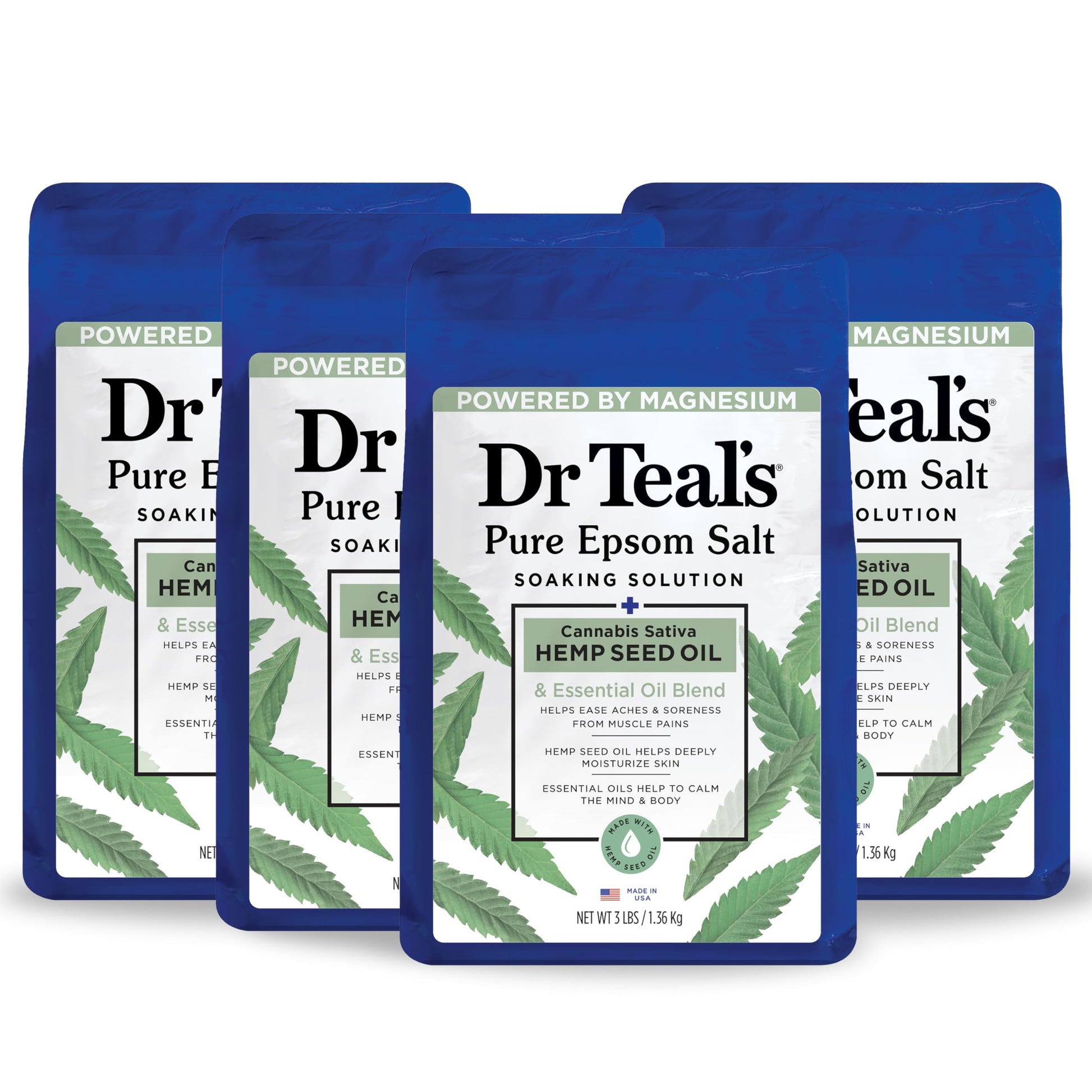 Dr Teal's - sales de Epsom Magnesium Soak, aceite de semilla de cáñamo de cannabis sativa, 3 libras (paquete de 4)