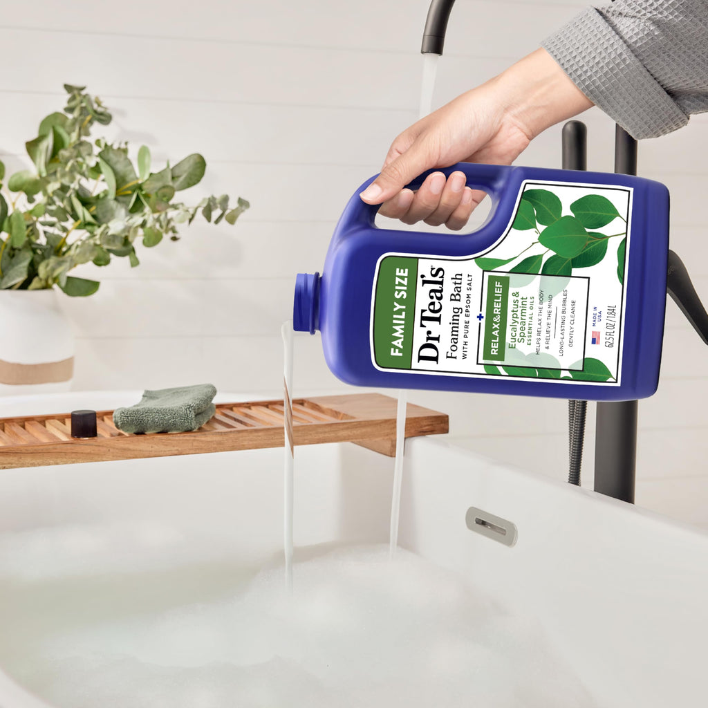 Dr Teal's - Baño espumoso con sal pura de Epsom, relajación y alivio con eucalipto y menta verde, 62.5 onzas líquidas