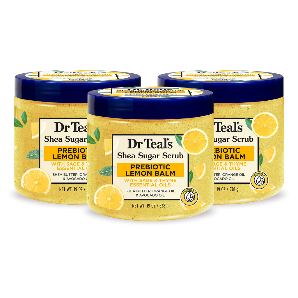Dr Teal's - Exfoliante de azúcar de karité, bálsamo de limón prebiótico, 19 onzas (paquete de 3)