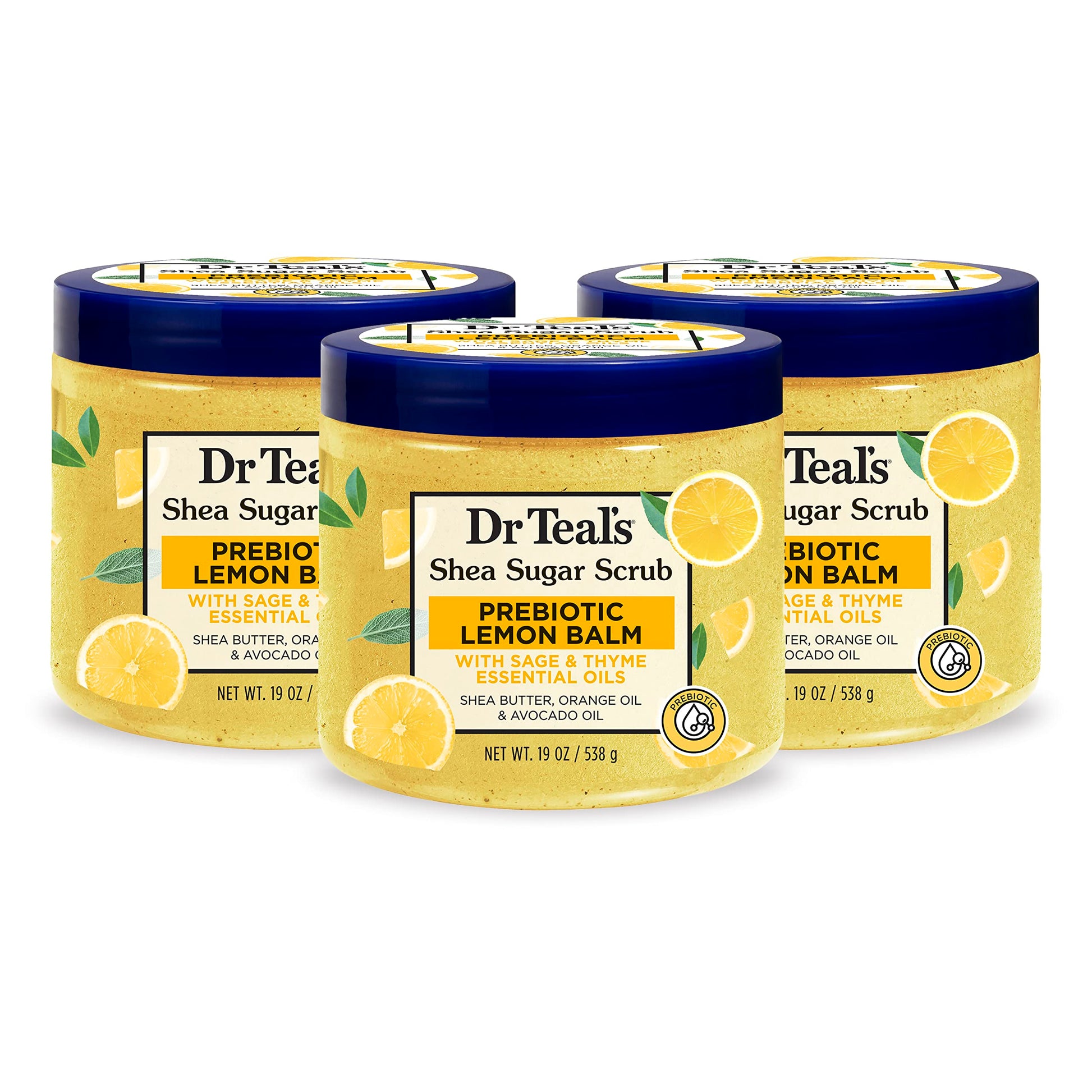 Dr Teal's - Exfoliante de azúcar de karité, bálsamo de limón prebiótico, 19 onzas (paquete de 3)