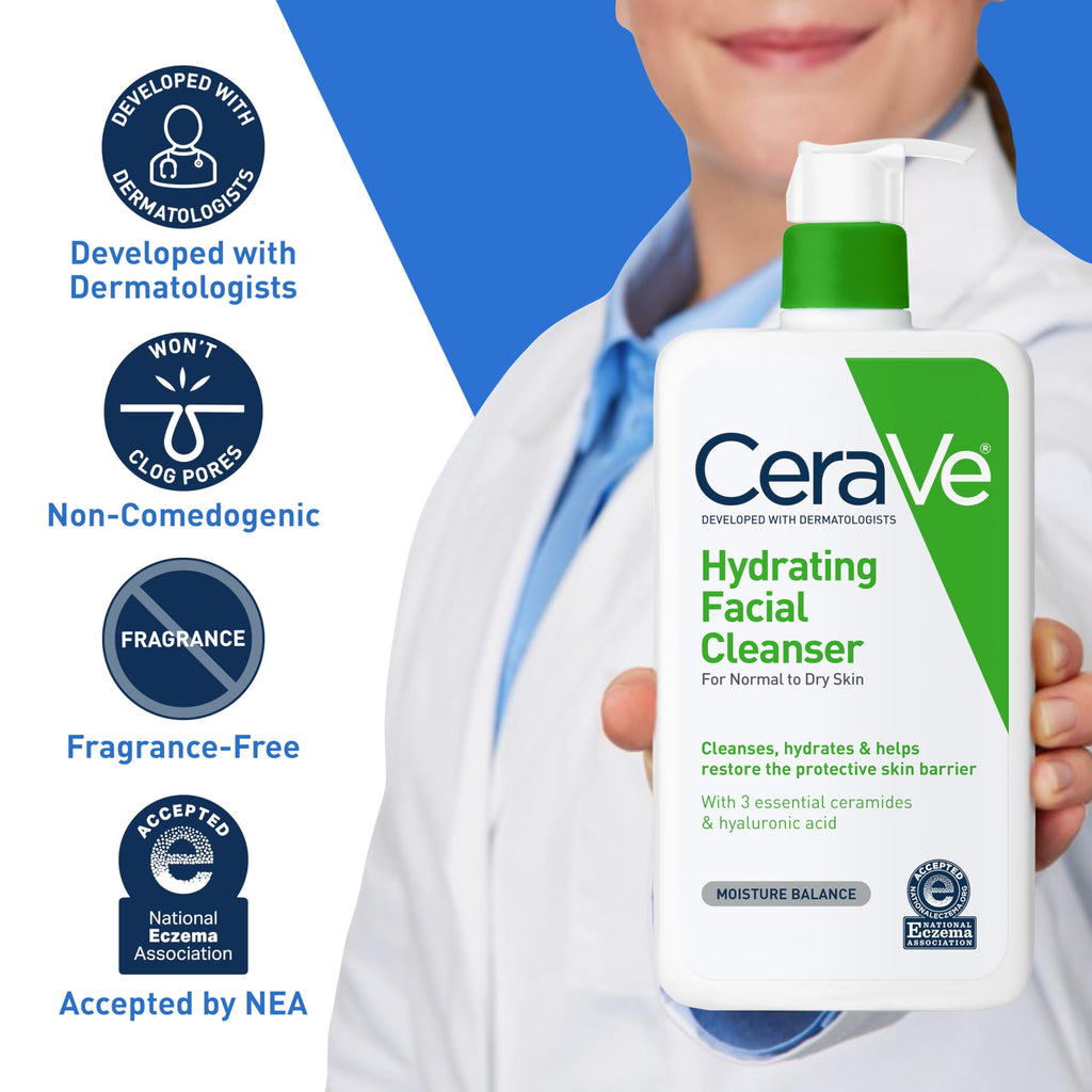 CeraVe - Limpiador facial hidratante para piel normal a seca, con ácido hialurónico + ceramidas + glicerina, certificado por la Asociación Nacional de Eczema