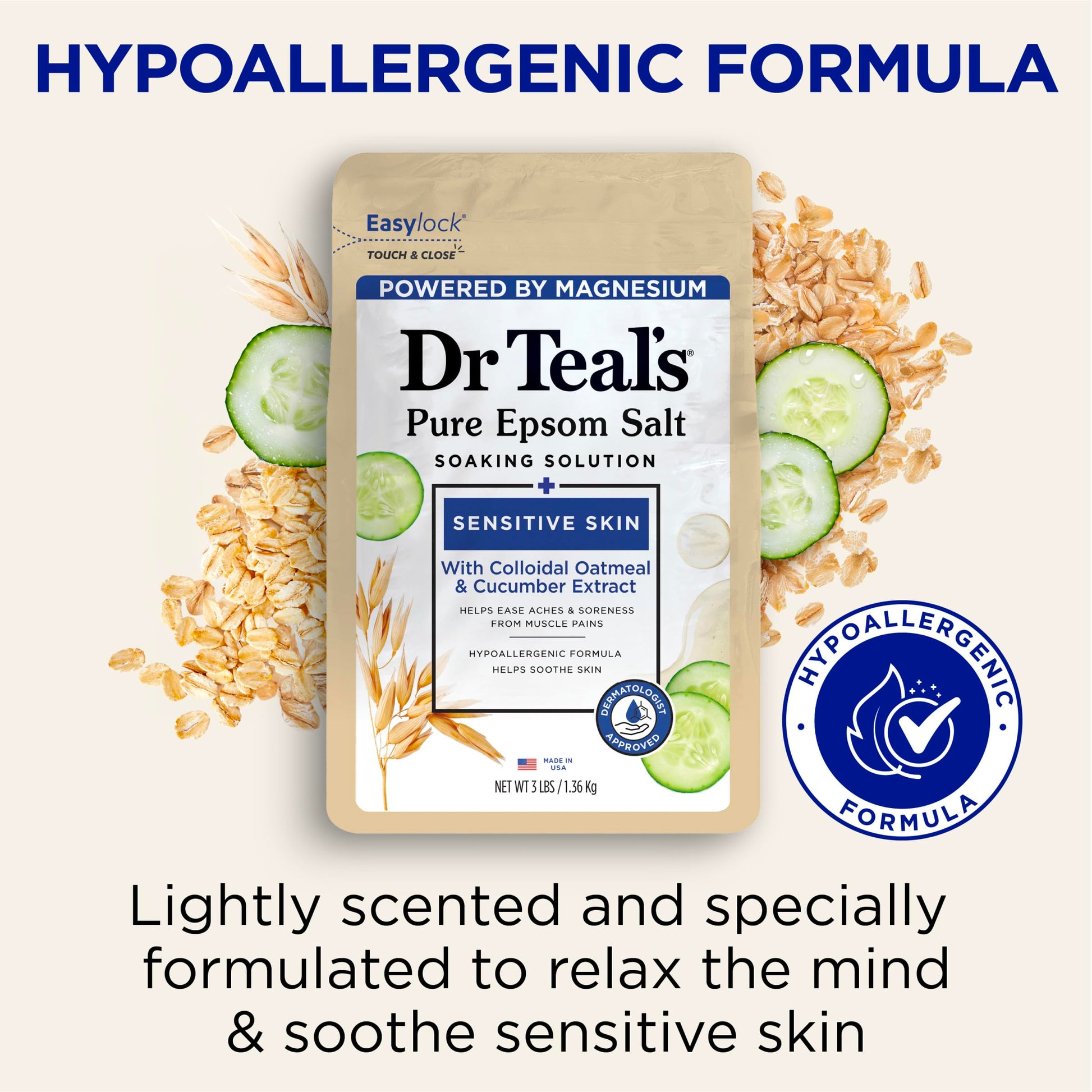 Dr Teal's - sal de Epsom Magnesium Soak, piel sensible con avena coloidal y pepino, 3 libras (paquete de 4)