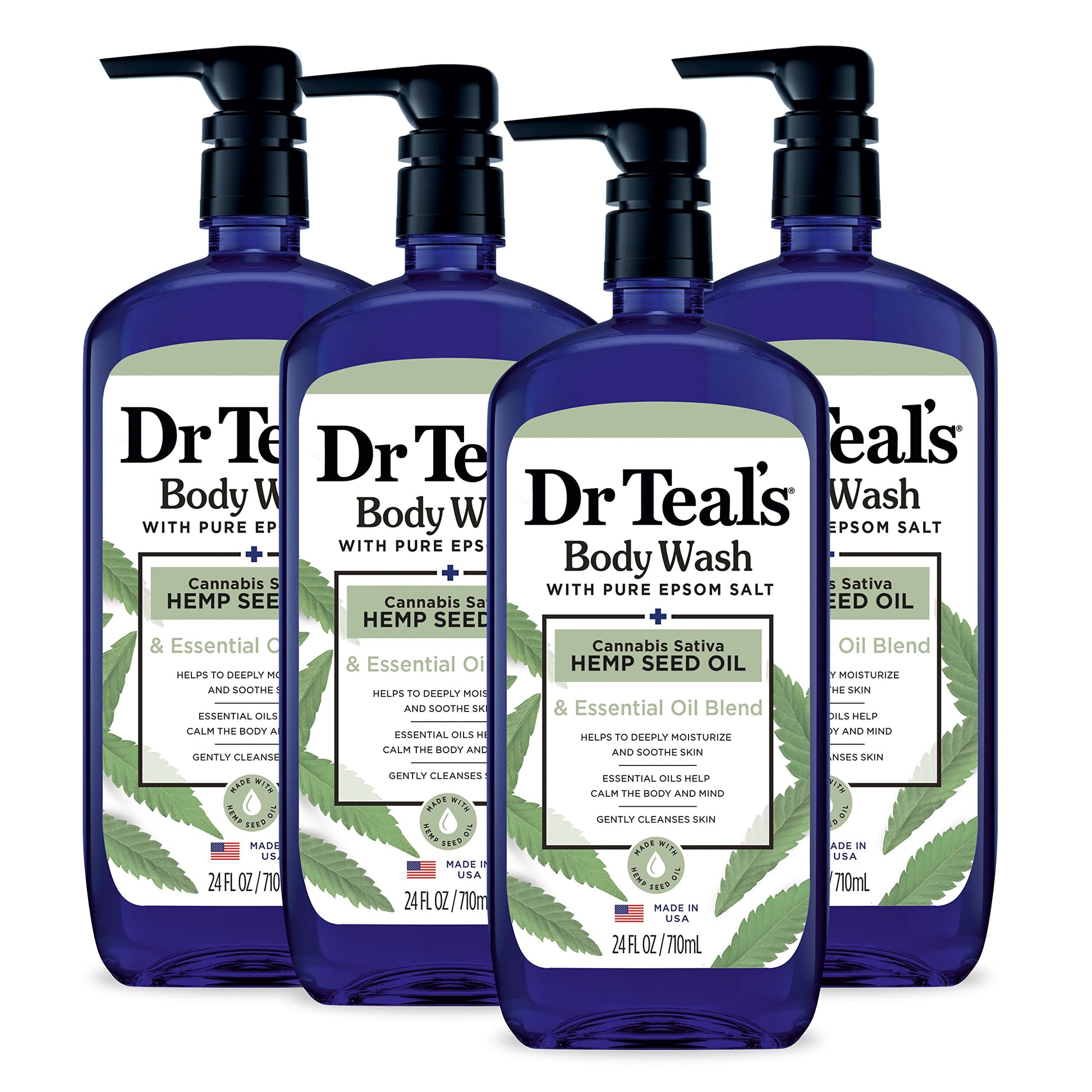 Dr Teal's - Gel de baño con Sal pura de Epsom, aceite de semilla de cáñamo, sativa, cannabis, 24 onzas liquidas (paquete de 4)