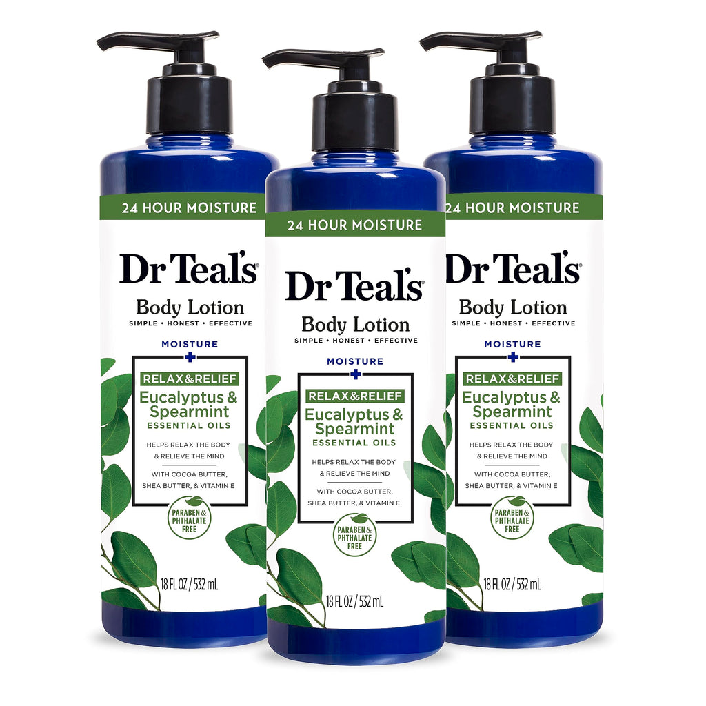 Dr Teal's - Loción corporal + 24 horas de Hidratación , eucalipto, menta verde y aceites esenciales, 18 onzas líquidas (paquete de 3)