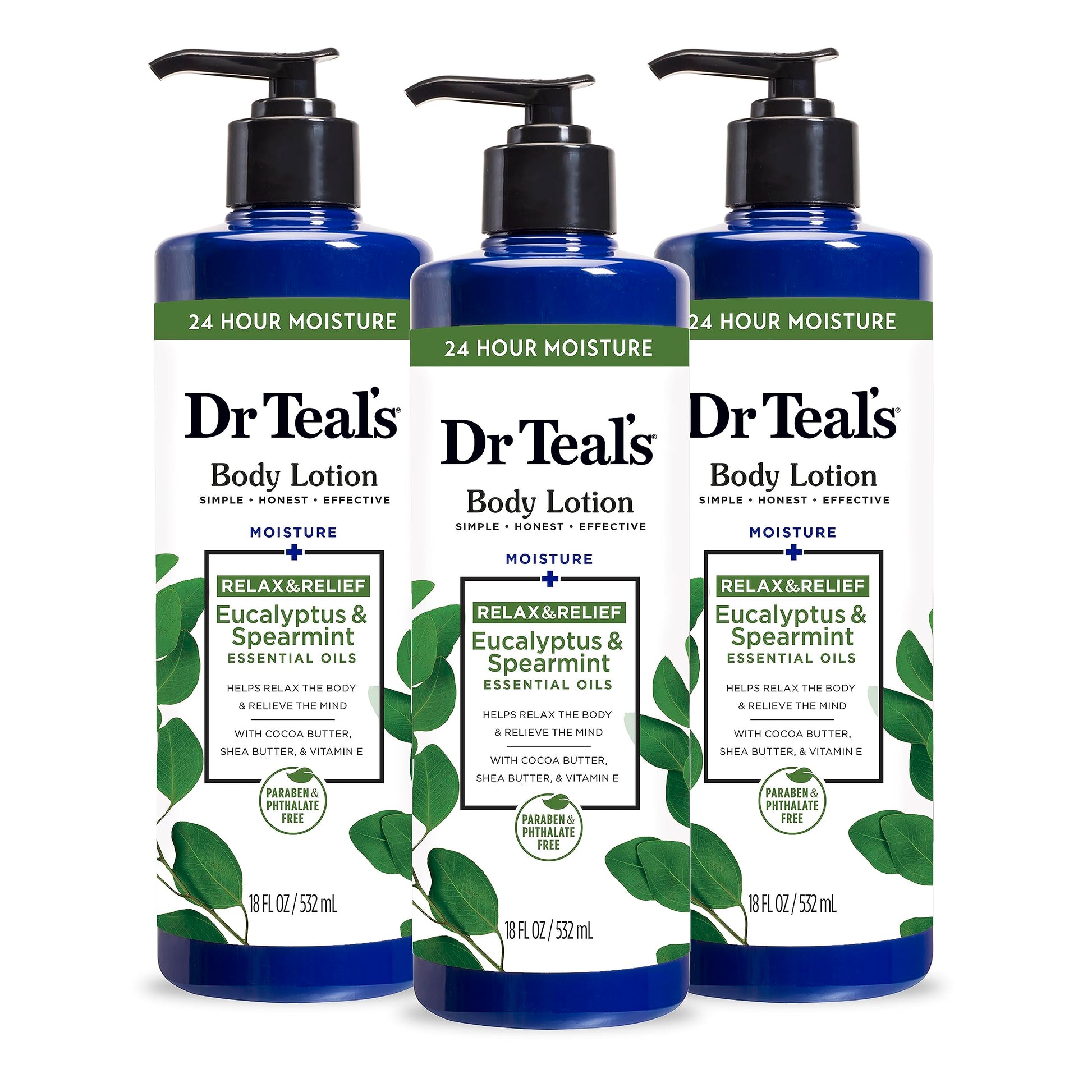 Dr Teal's - Loción corporal + 24 horas de Hidratación , eucalipto, menta verde y aceites esenciales, 18 onzas líquidas (paquete de 3)