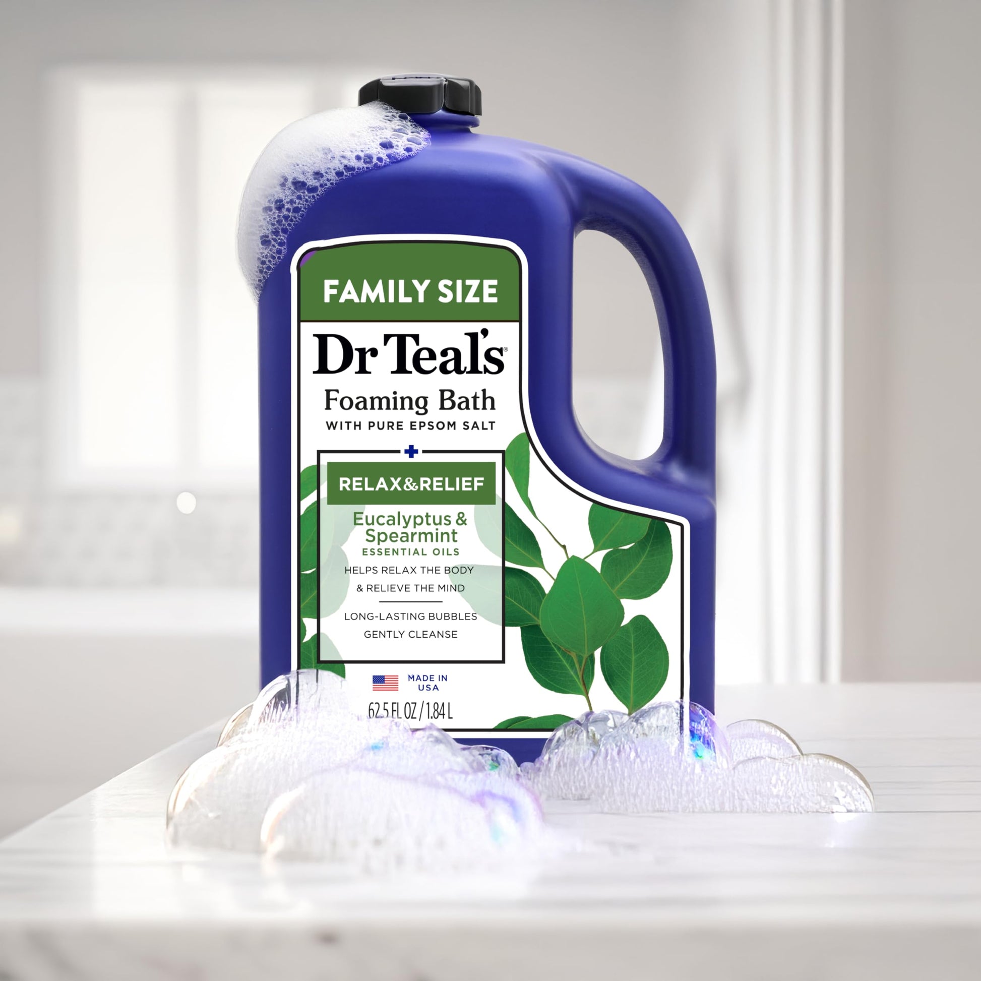 Dr Teal's - Baño espumoso con sal pura de Epsom, relajación y alivio con eucalipto y menta verde, 62.5 onzas líquidas
