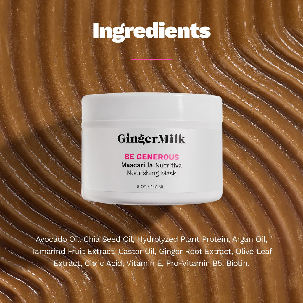 Ginger Milk - Mascarilla reparadora profunda para cabello seco y rizado, aceite de ricino, biotina, jengibre, sin sulfato, Be Generous by Ginger Milk - 8 onzas