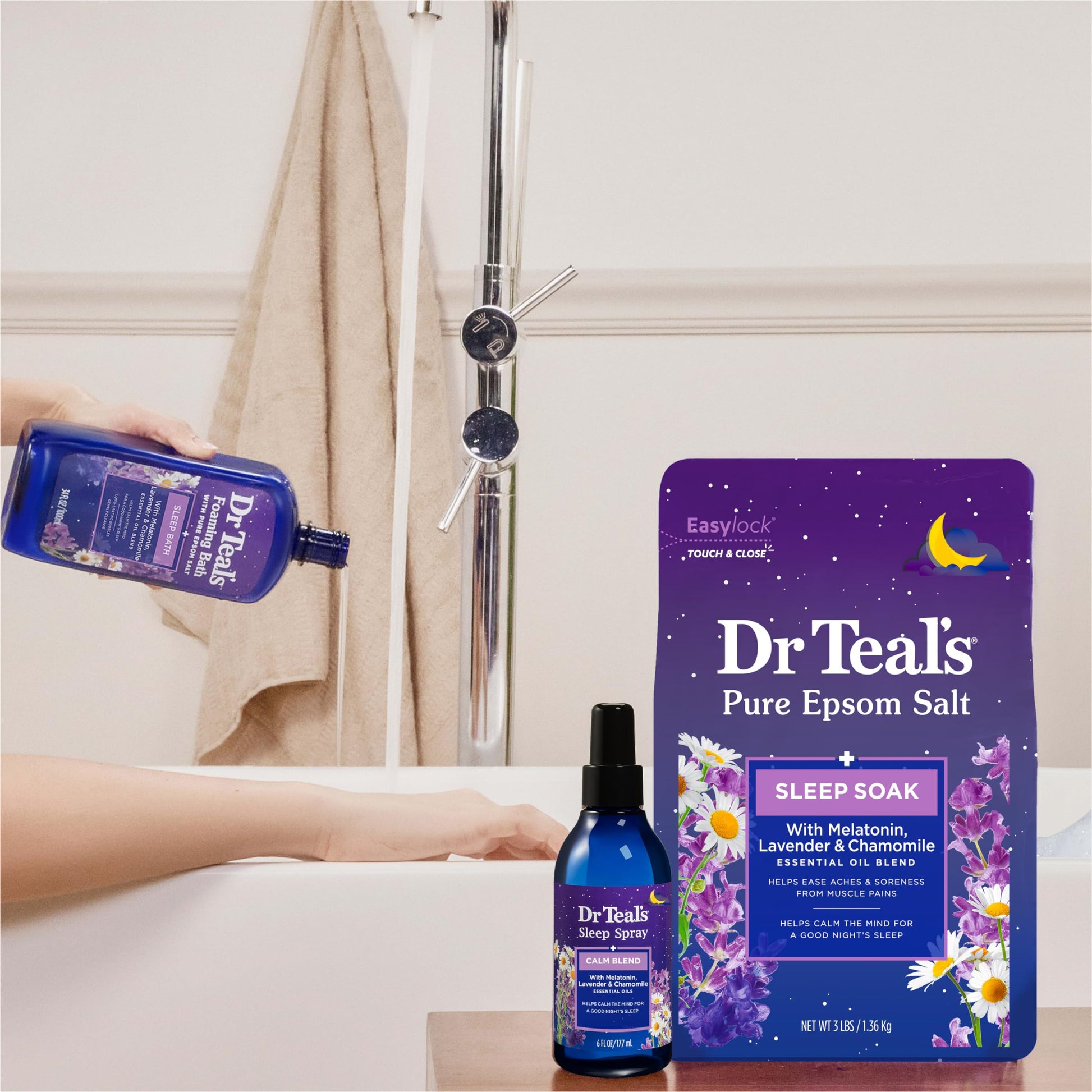 Dr Teal's - Baño espumoso con sal pura de Epsom, mezcla para dormir con aceites esenciales de melatonina, lavanda y manzanilla, 34 onzas líquidas (paquete de 4)
