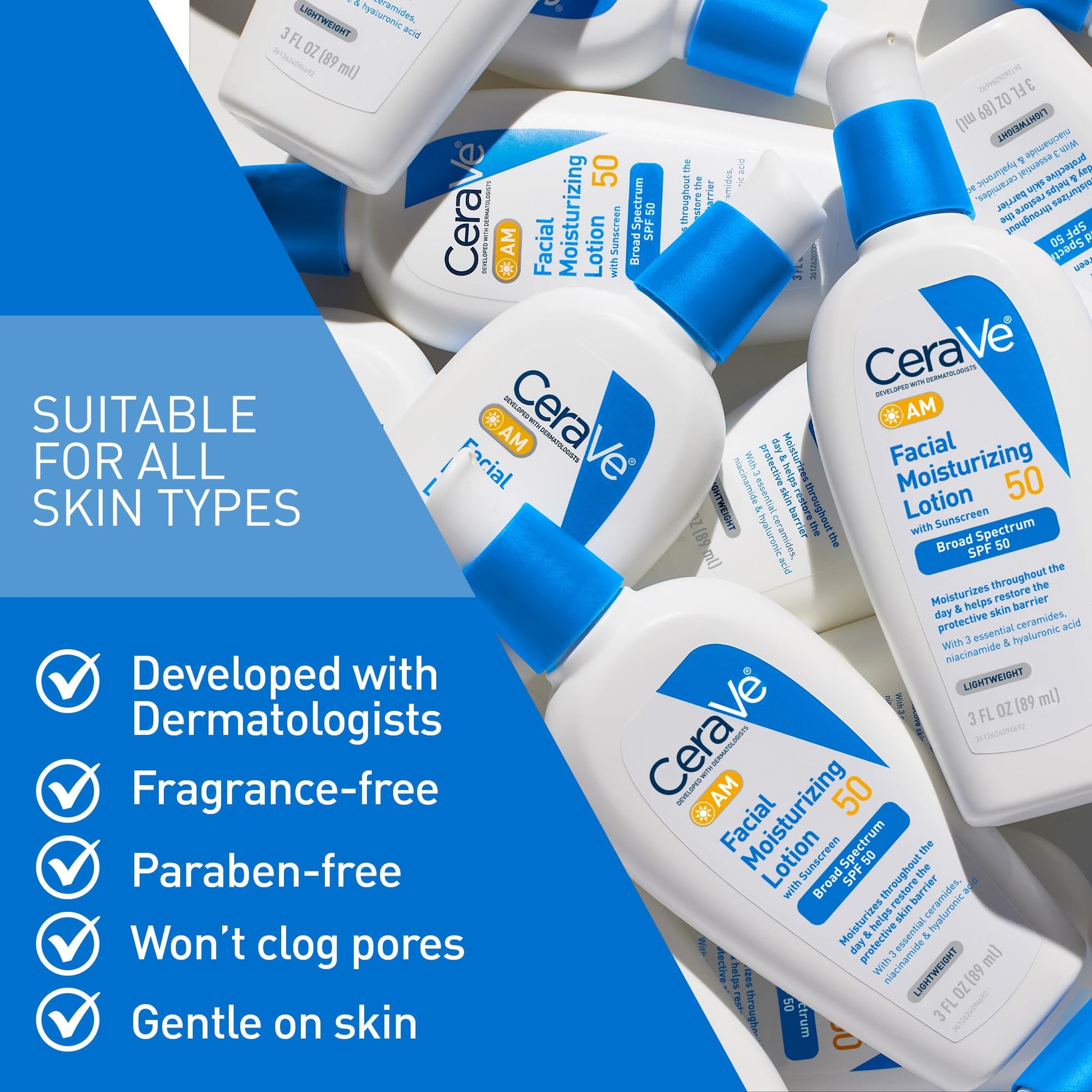 CeraVe - AM Loción hidratante facial SPF 50, hidratante facial con SPF, ácido hialurónico, niacinamida y ceramidas, no grasosa, se mezcla perfectamente sin manchas blancas, protector solar no comedogénico, 3 Oz