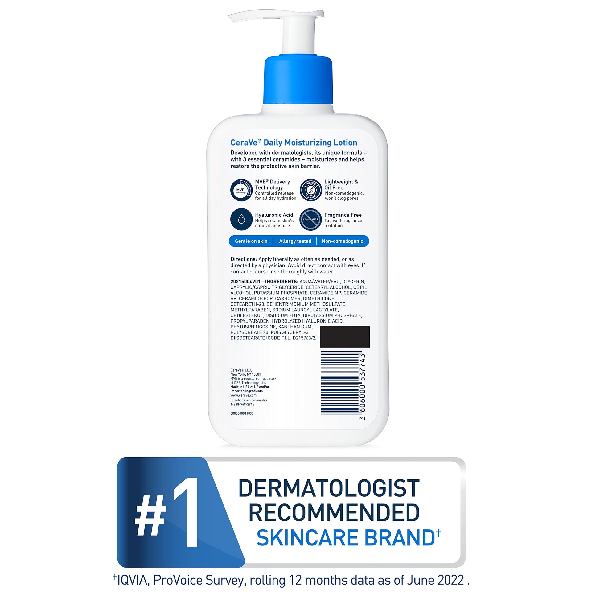 CeraVe - Loción hidratante para piel seca, loción corporal y facial con ácido hialurónico y ceramidas, sin fragancia ni aceite, 500 ml