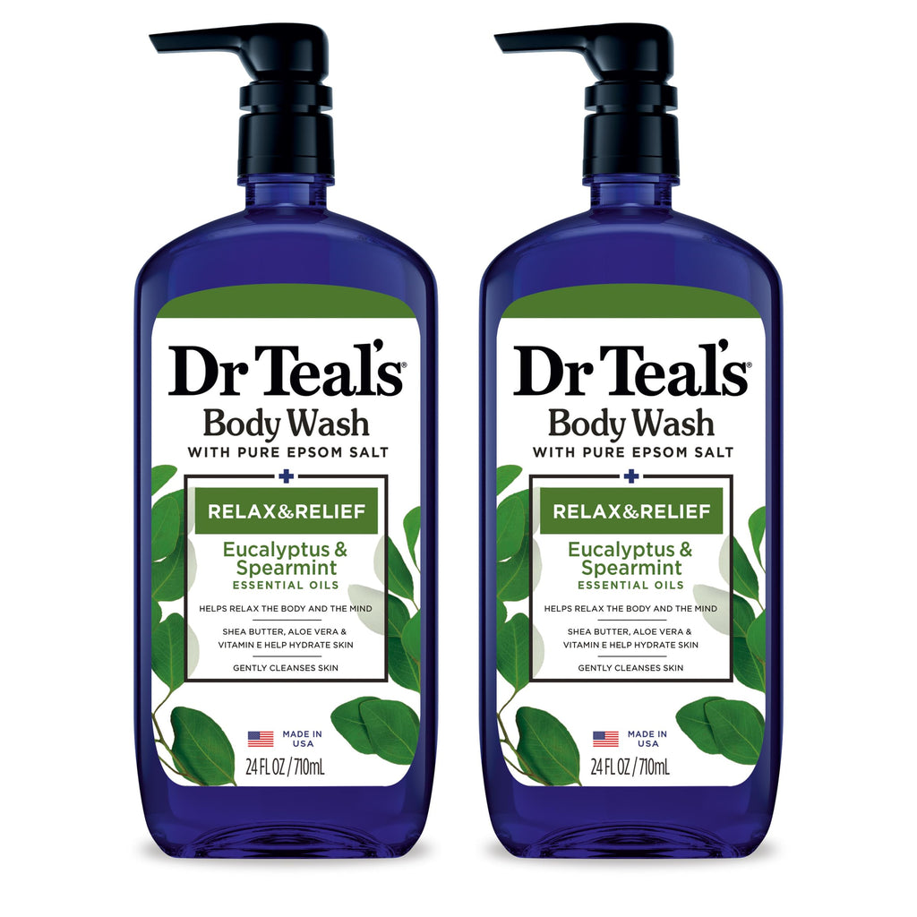 Dr Teal's - Gel de baño con sal pura de Epsom, relajación y alivio con eucalipto y menta verde, 24 onzas líquidas (paquete de 2)