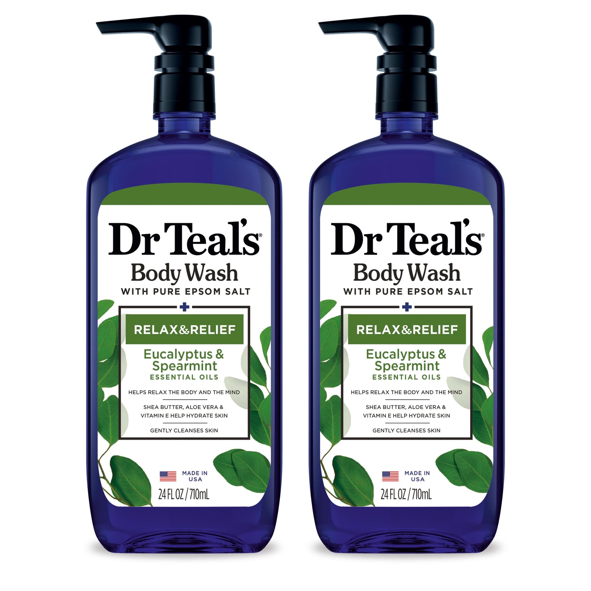 Dr Teal's - Gel de baño con sal pura de Epsom, relajación y alivio con eucalipto y menta verde, 24 onzas líquidas (paquete de 2)
