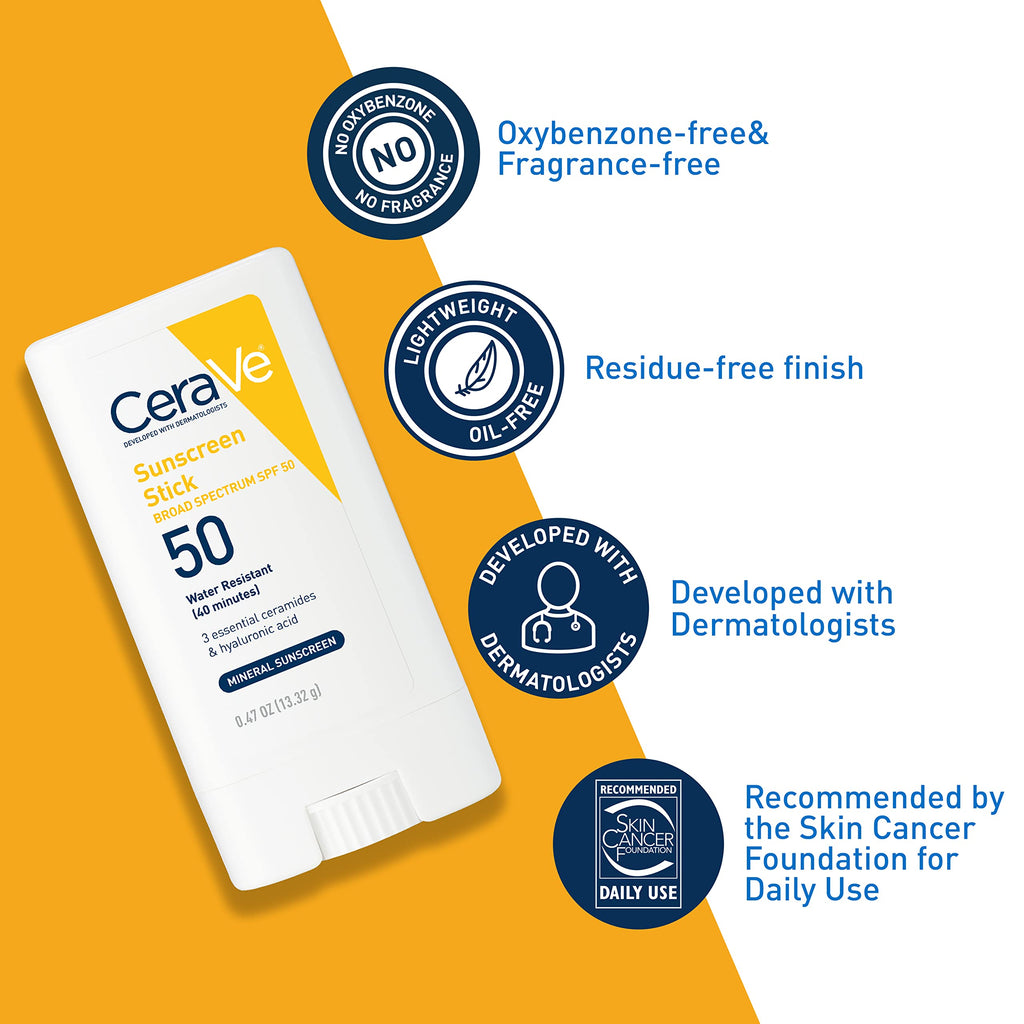 CeraVe - Protector solar mineral en barra FPS 50, FPS de amplio espectro + ácido hialurónico + ceramidas, dióxido de titanio y óxido de zinc, protector solar facial 100 % mineral en barra, sin fragancia ni aceite.