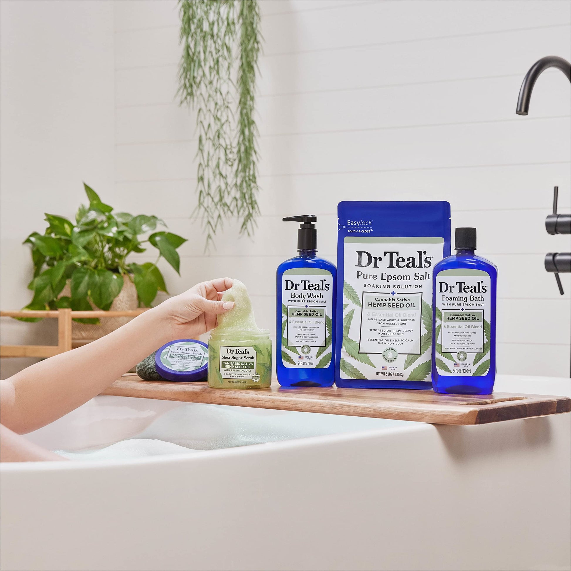 Dr Teal's - Exfoliante corporal de azúcar de karité, aceite de semilla de cáñamo de cannabis sativa con aceites esenciales, 19 onzas (paquete de 3)