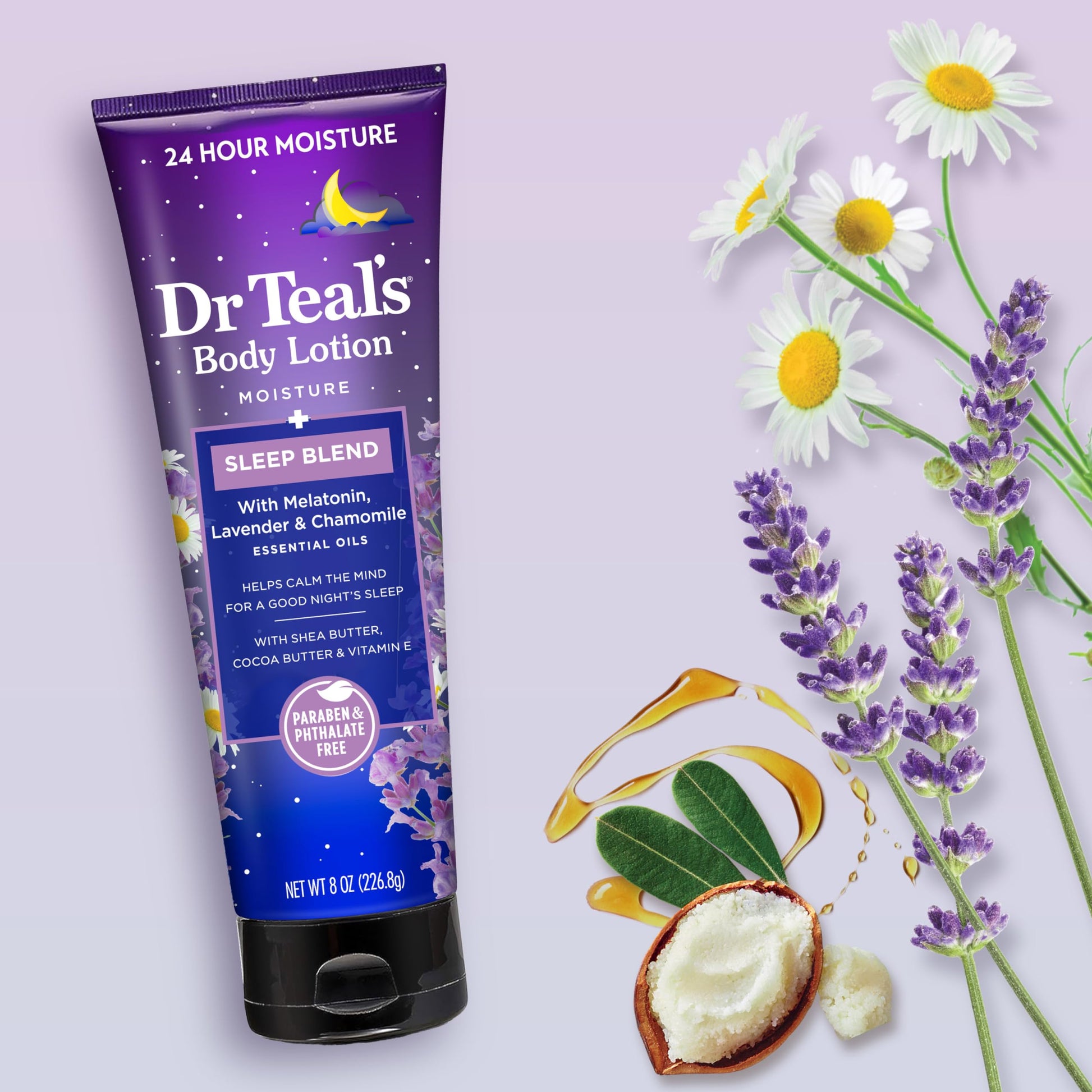 Dr Teal's - Loción corporal para dormir, 24 horas de hidratacion, con aceites esenciales de melatonina, lavanda y manzanilla, 8 onzas líquidas (paquete de 3)