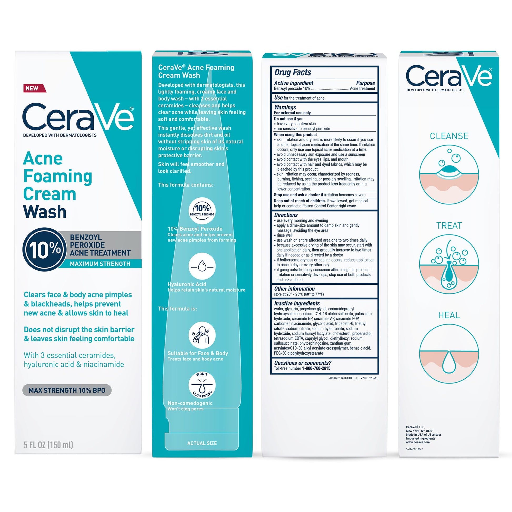 CeraVe - Crema espumosa para el acné, limpiador suave para rostro y cuerpo con peróxido de benzoilo al 10%, ácido hialurónico y niacinamida, tratamiento con peróxido de benzoilo al 10% que elimina granos y puntos negros. 5 Oz
