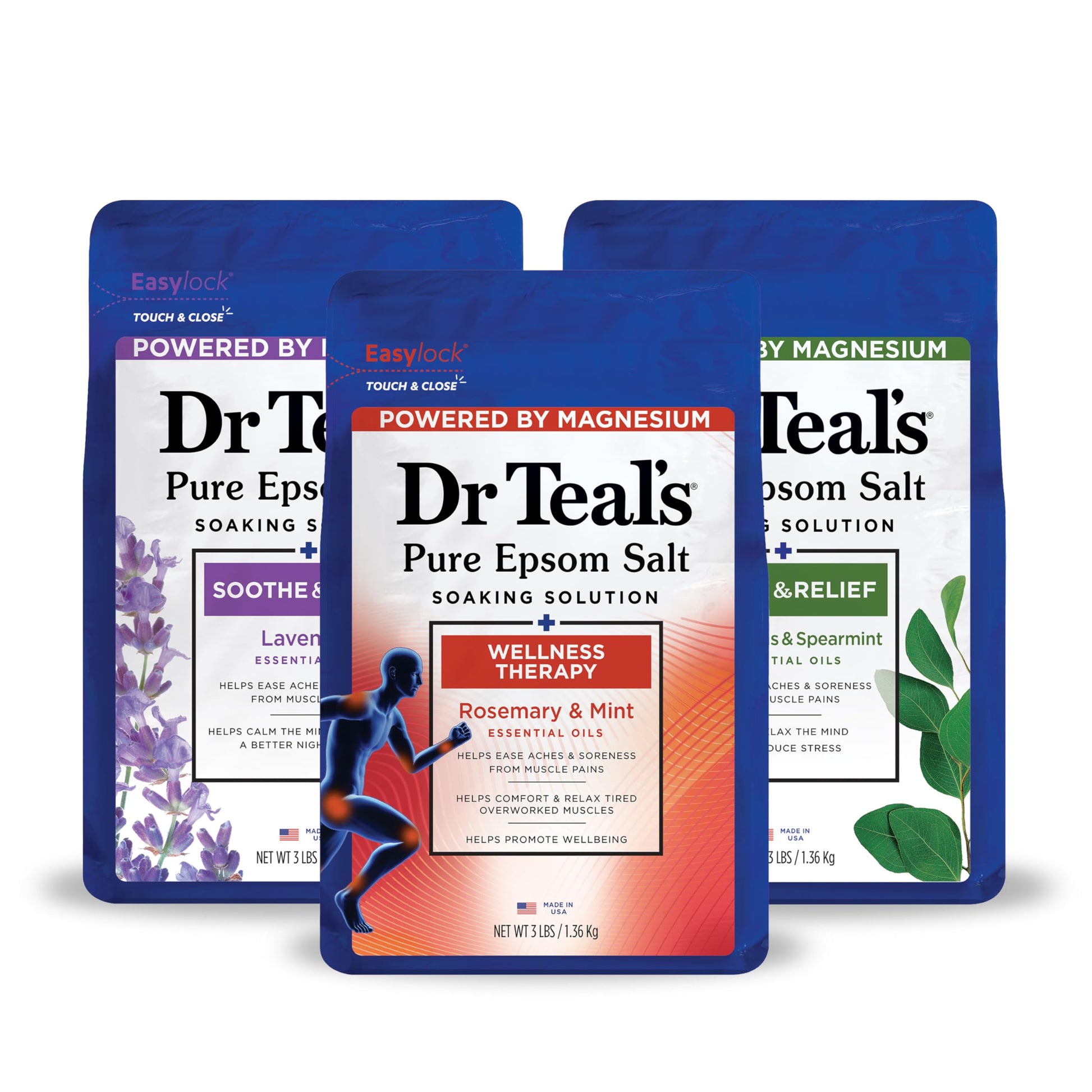 Dr Teal's - Sal de Epsom pura, lavanda, eucalipto y paquete de trío de bienestar, 3 libras (paquete de 3)