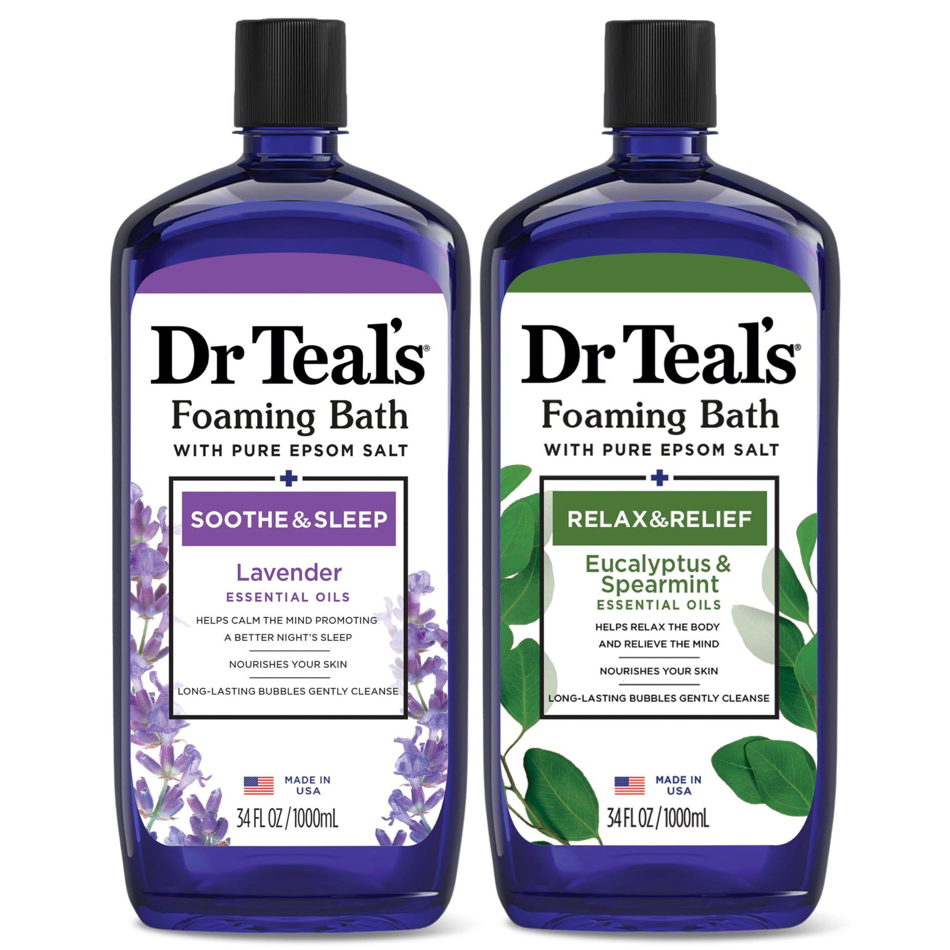 Dr Teal's - Baño espumoso con sal pura de Epsom, lavanda y eucalipto, 2 unidades, 68 onzas líquidas en total