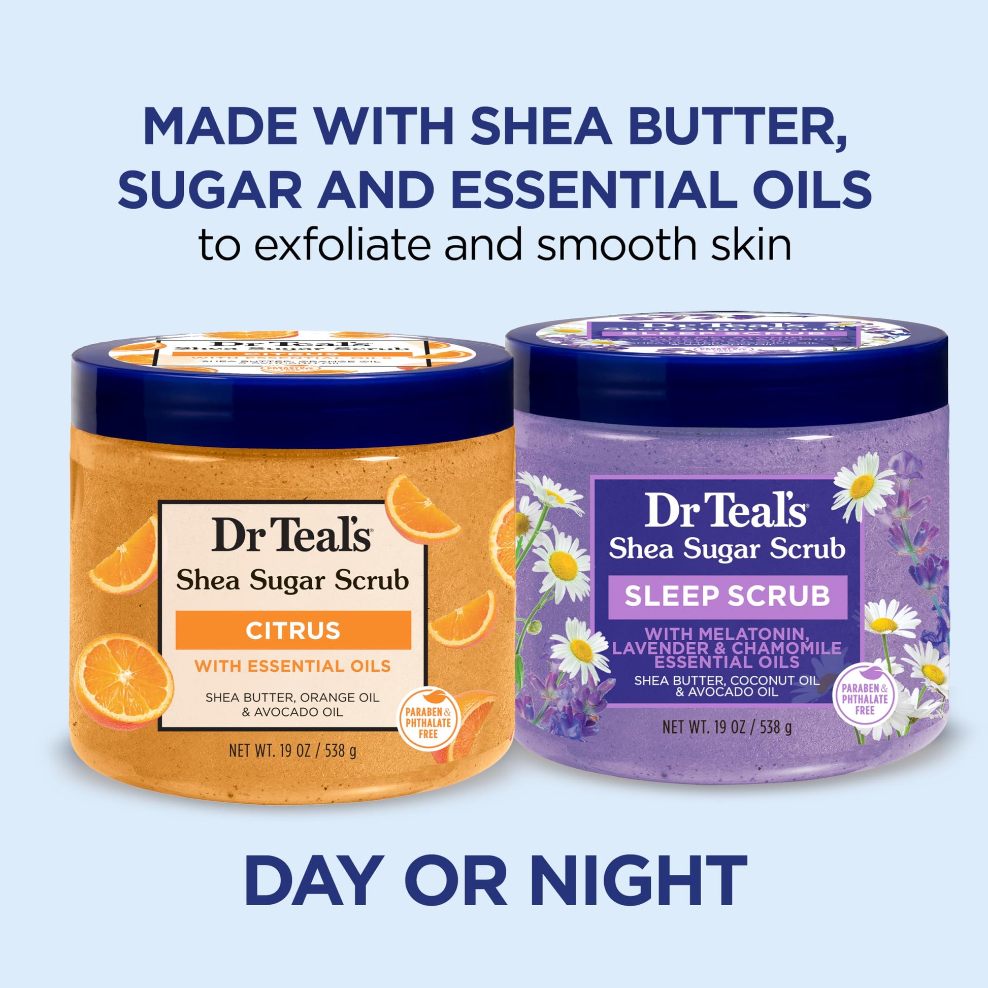 Dr Teal's - Exfoliante corporal de azúcar de karité, diurno/noche con vitamina C y mezcla para dormir, 19 onzas (paquete de 2)