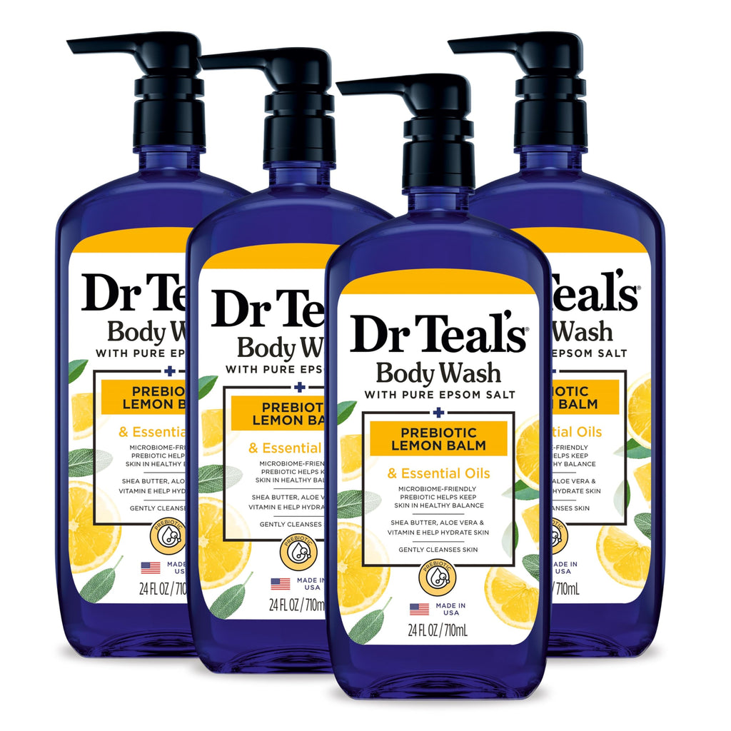 Dr Teal's - Gel de baño con sal pura de Epsom, con bálsamo de limón prebiótico y salvia, 24 onzas líquidas (paquete de 4)