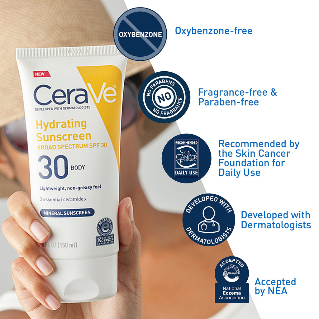 CeraVe - Protector solar mineral 100 % FPS 30 con óxido de zinc y dióxido de titanio, ácido hialurónico y ceramidas. Sin aceite, no graso. Protector solar mineral hidratante para el cuerpo, 5 oz