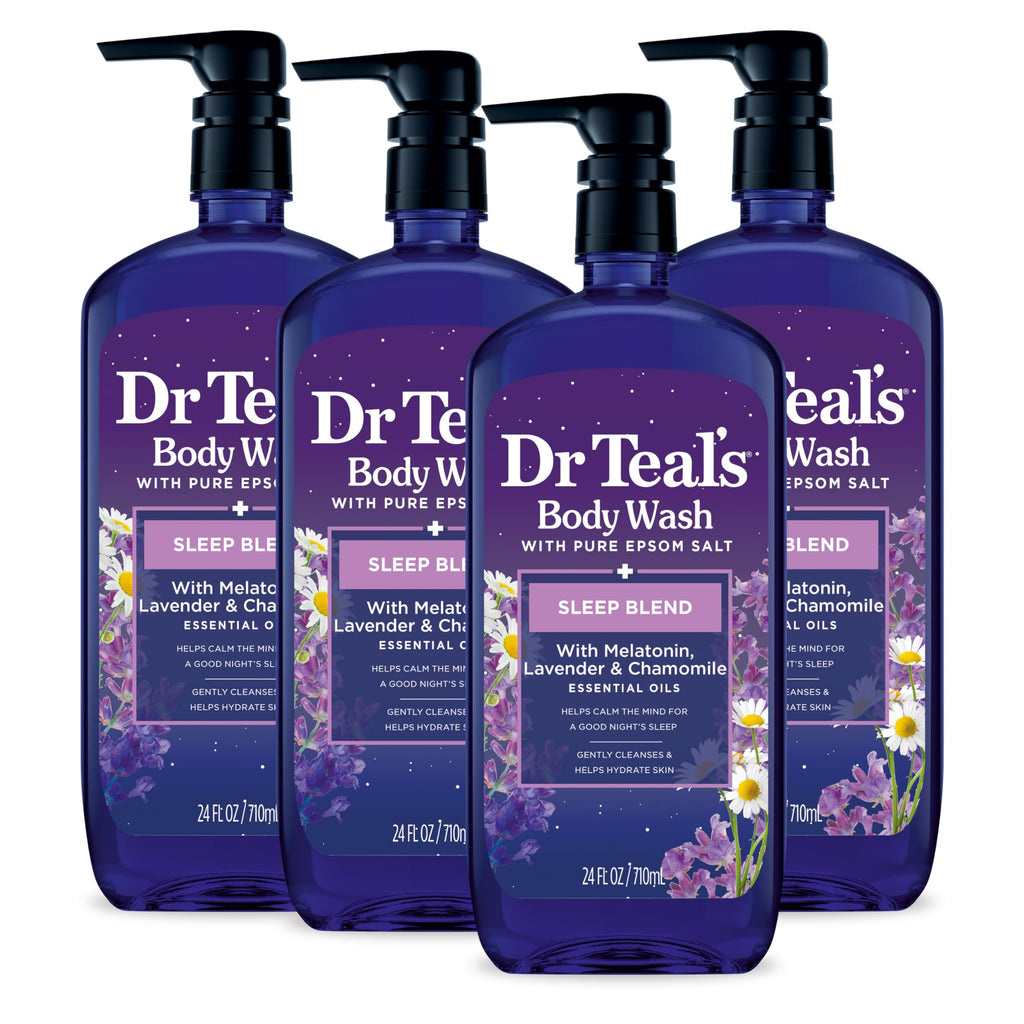 Dr Teal's - Gel de baño con sal pura de Epsom, mezcla para dormir con aceites esenciales de melatonina, lavanda y manzanilla, 24 onzas líquidas (paquete de 4)