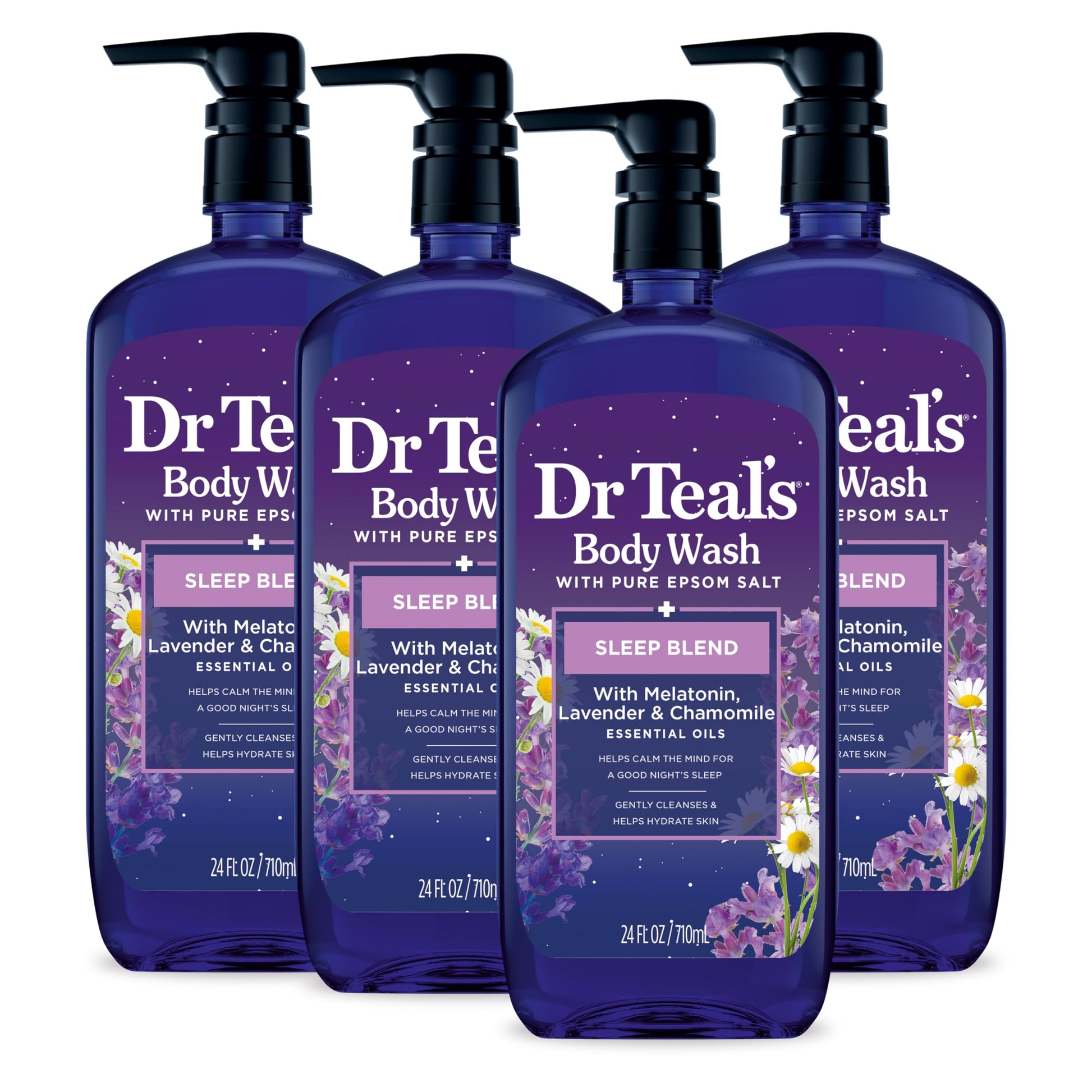Dr Teal's - Gel de baño con sal pura de Epsom, mezcla para dormir con aceites esenciales de melatonina, lavanda y manzanilla, 24 onzas líquidas (paquete de 4)
