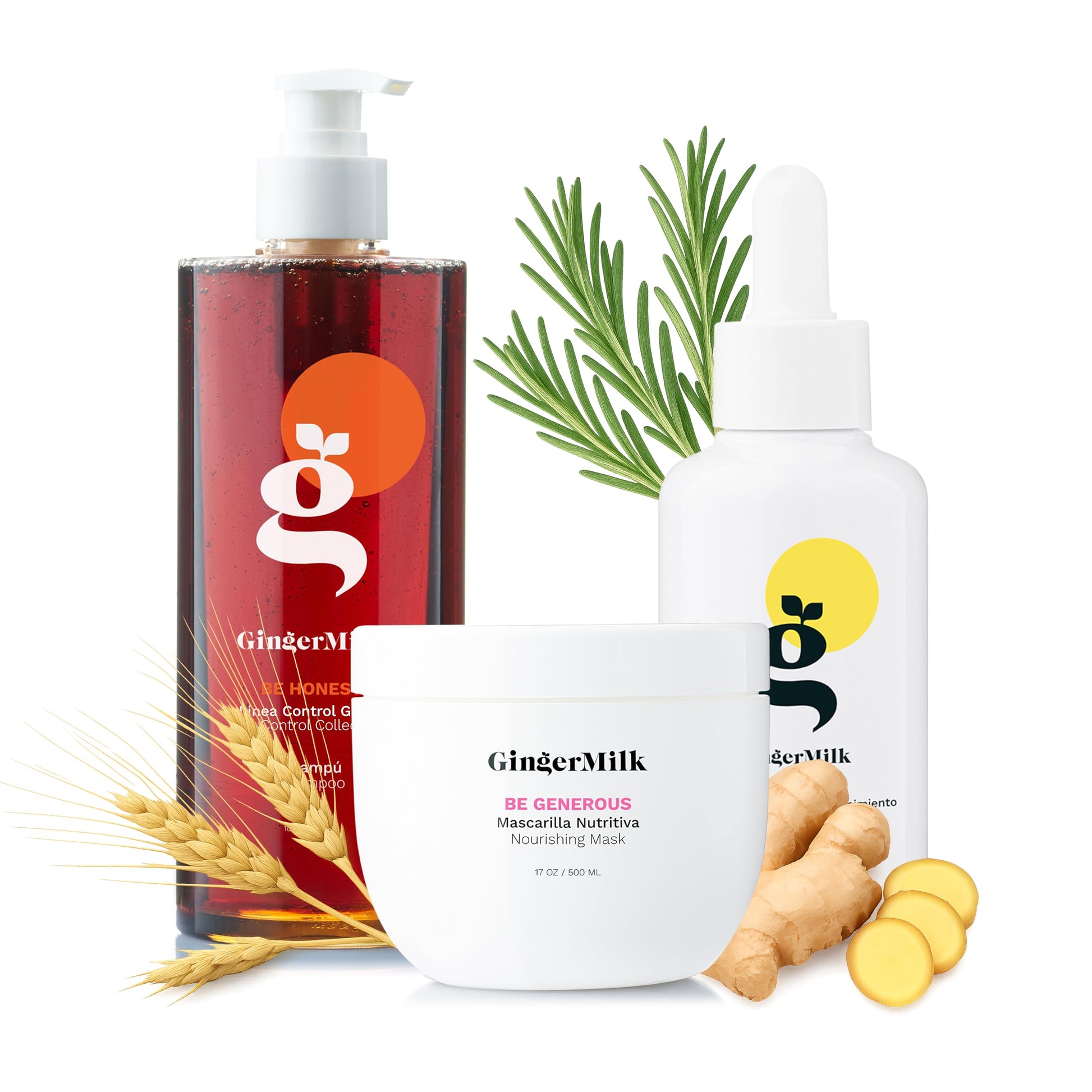 Ginger Milk - Kit de crecimiento del cabello con ingredientes naturales | Suero de 4 fl oz, champú de 16 onzas líquidas y máscara de 16 onzas | Sin parabenos, sal y sulfato