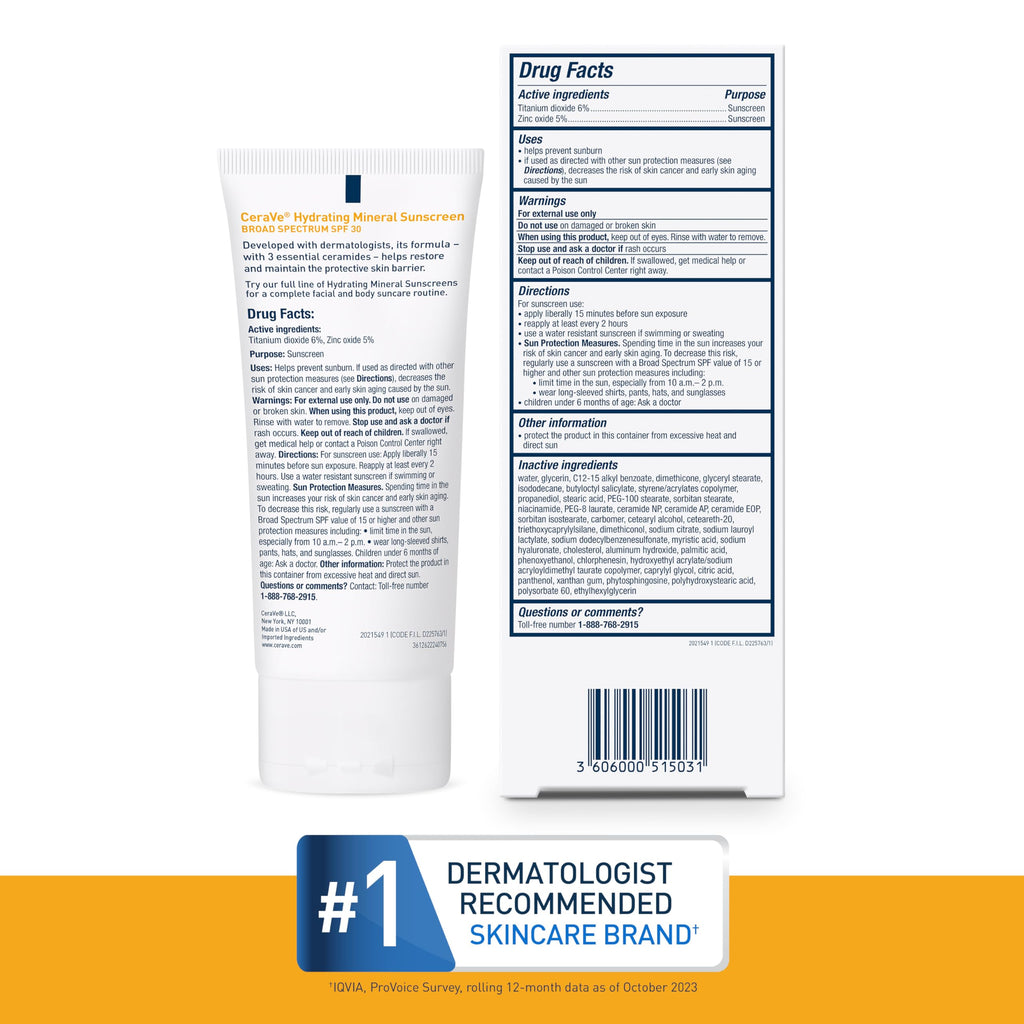 CeraVe - Protector solar 100 % mineral FPS 30, protector solar facial con óxido de zinc y dióxido de titanio, ácido hialurónico, niacinamida y ceramidas, sin aceite, tamaño de viaje de 2.5 oz