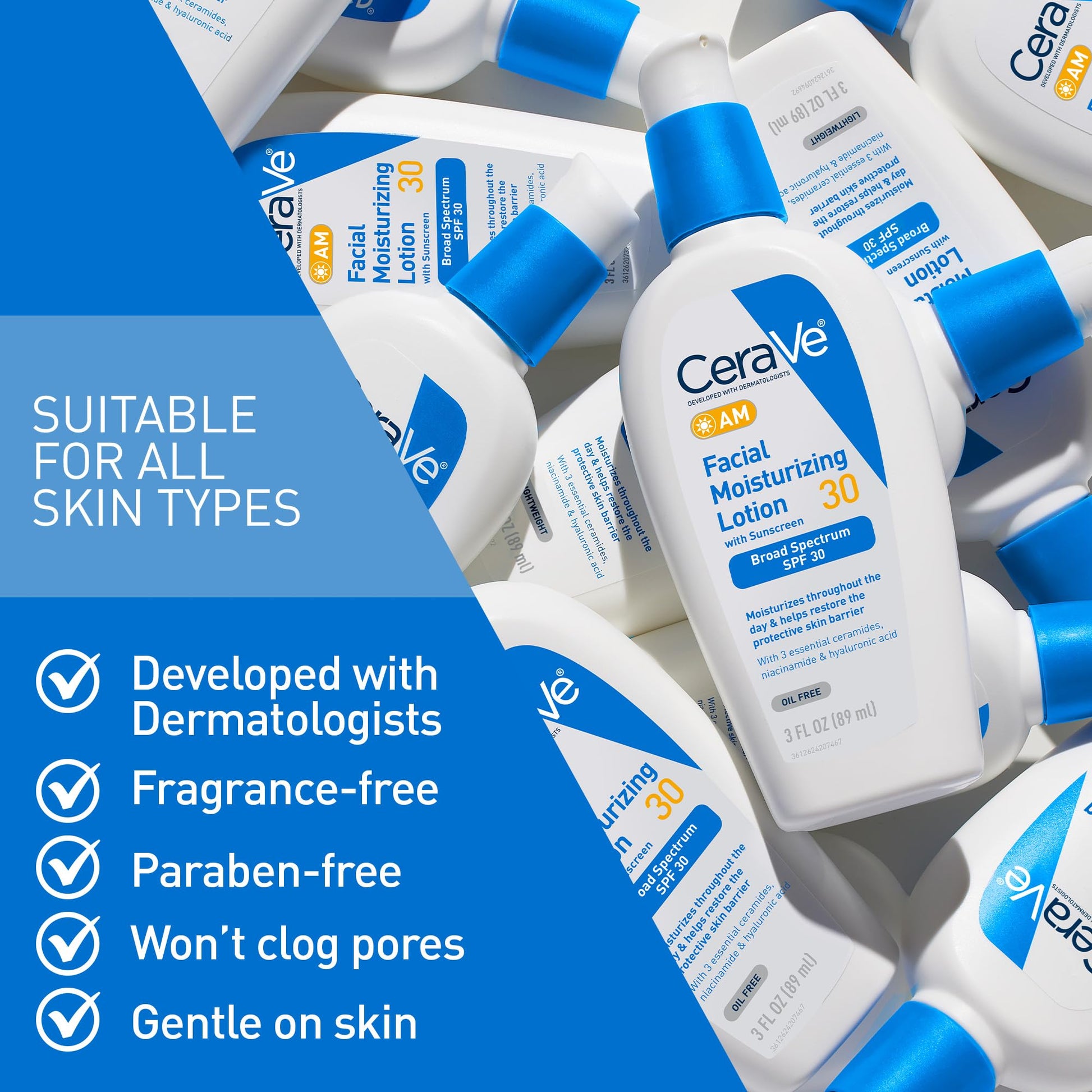 CeraVe - AM Loción hidratante facial con SPF 30, hidratante facial sin aceite con SPF, formulado con ácido hialurónico, niacinamida y ceramidas, no comedogénico, protector solar de amplio espectro