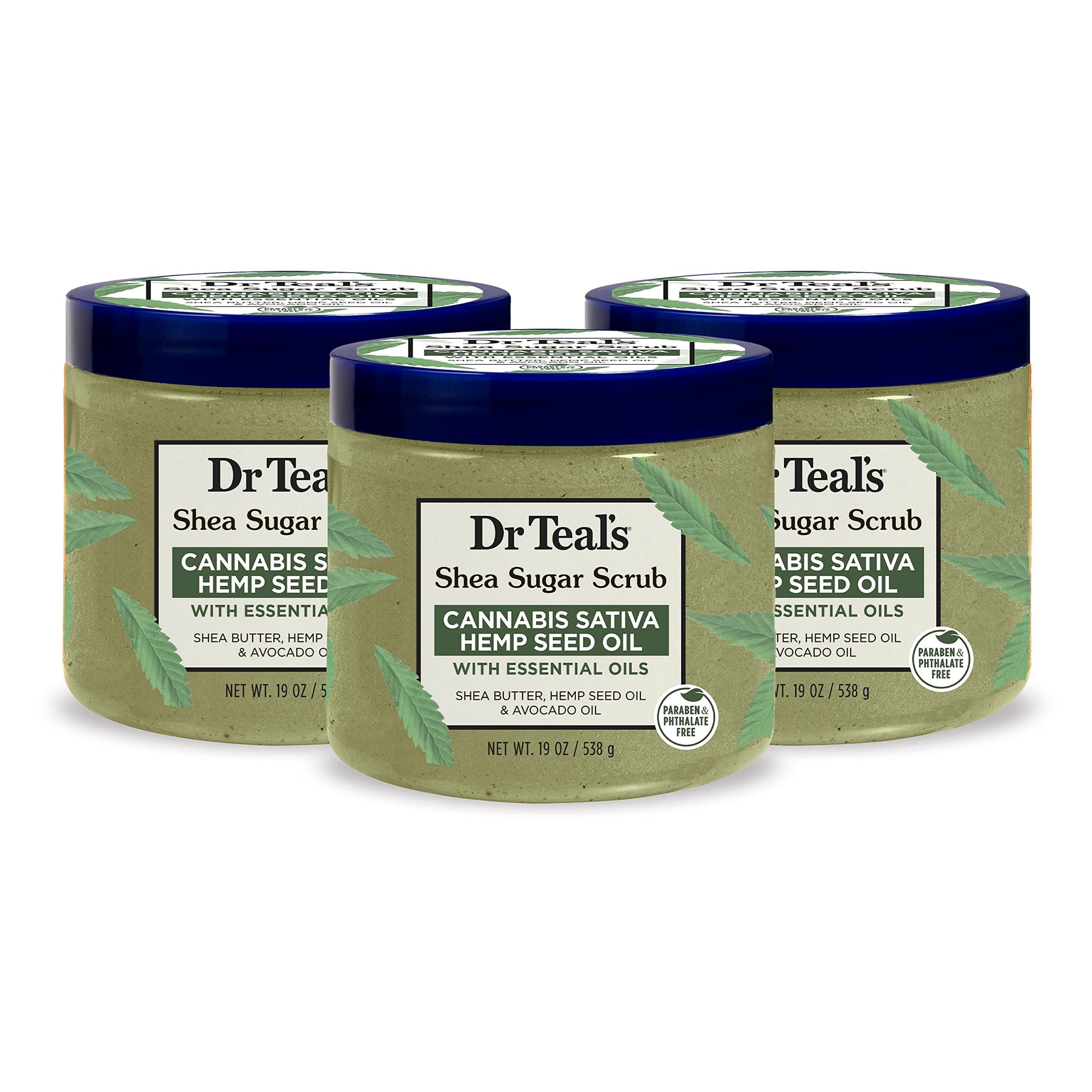 Dr Teal's - Exfoliante corporal de azúcar de karité, aceite de semilla de cáñamo de cannabis sativa con aceites esenciales, 19 onzas (paquete de 3)