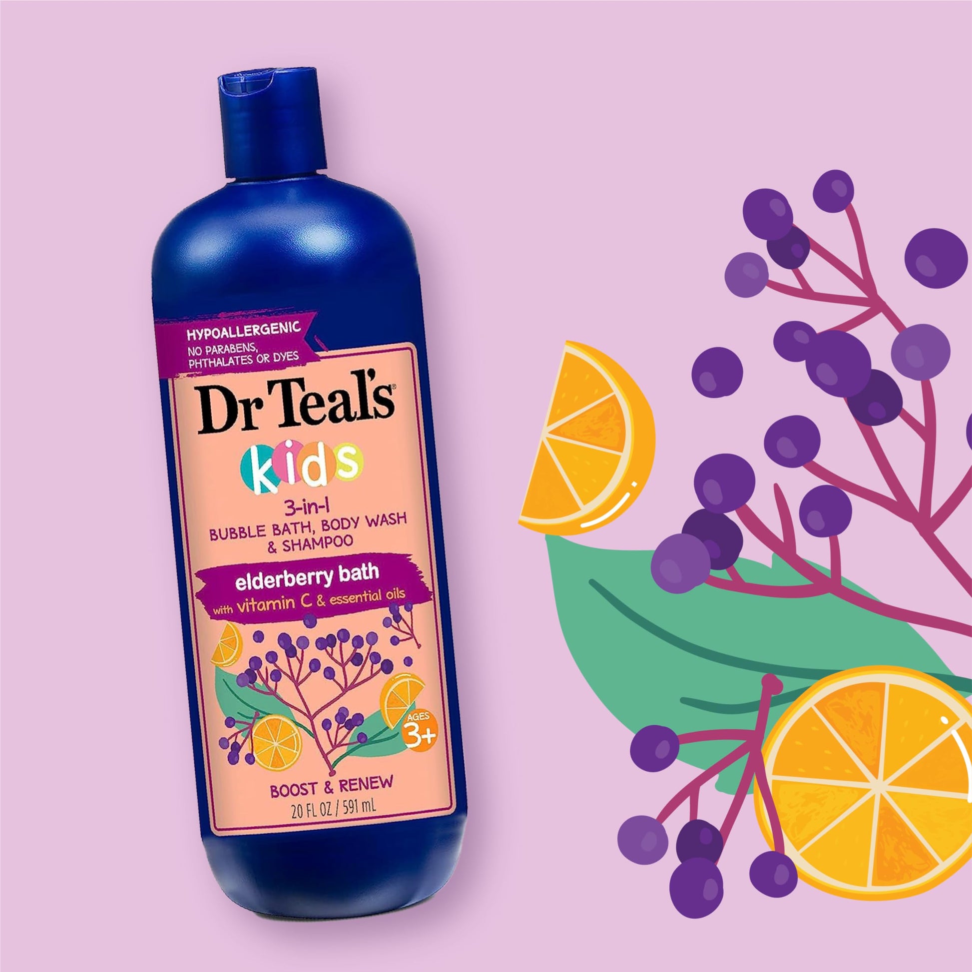 Dr Teal's - Baño de burbujas 3 en 1 para niños, gel de baño corporal y champú, Boost & Renovar saúco con vitamina C, 20 onzas líquidas (paquete de 3)