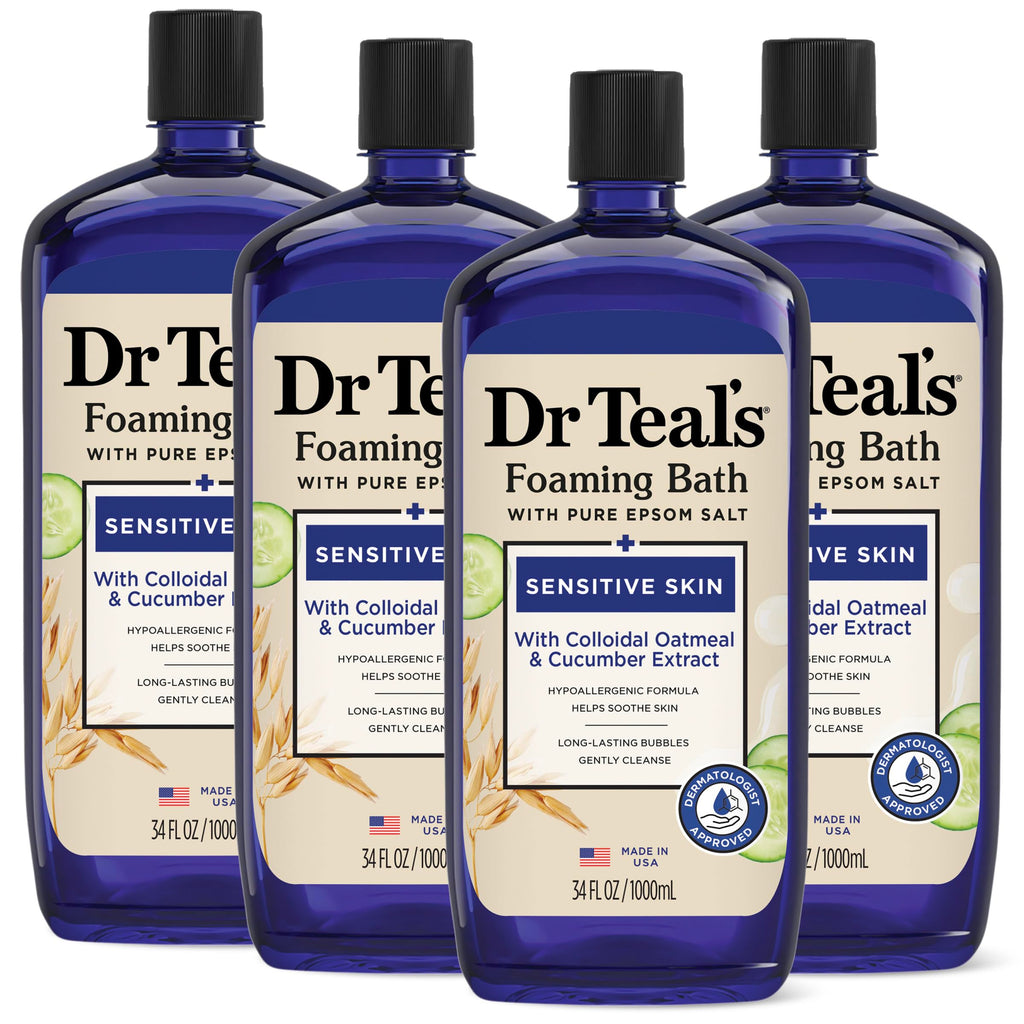 Dr Teal's - Baño espumoso con sal pura de Epsom, piel sensible con avena coloidal y pepino, 34 onzas líquidas (paquete de 4)