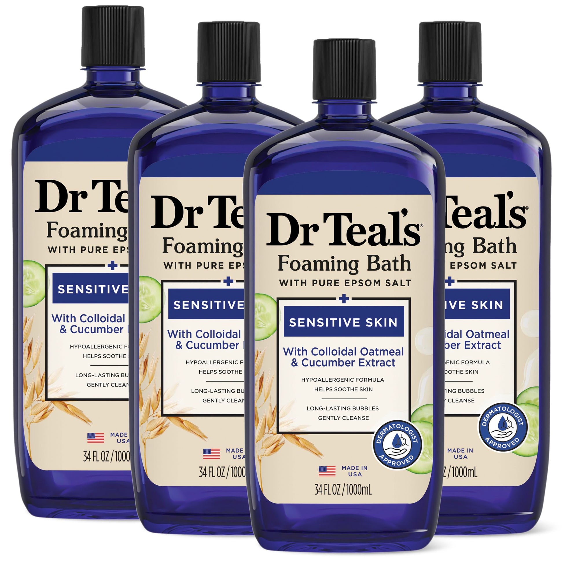 Dr Teal's - Baño espumoso con sal pura de Epsom, piel sensible con avena coloidal y pepino, 34 onzas líquidas (paquete de 4)