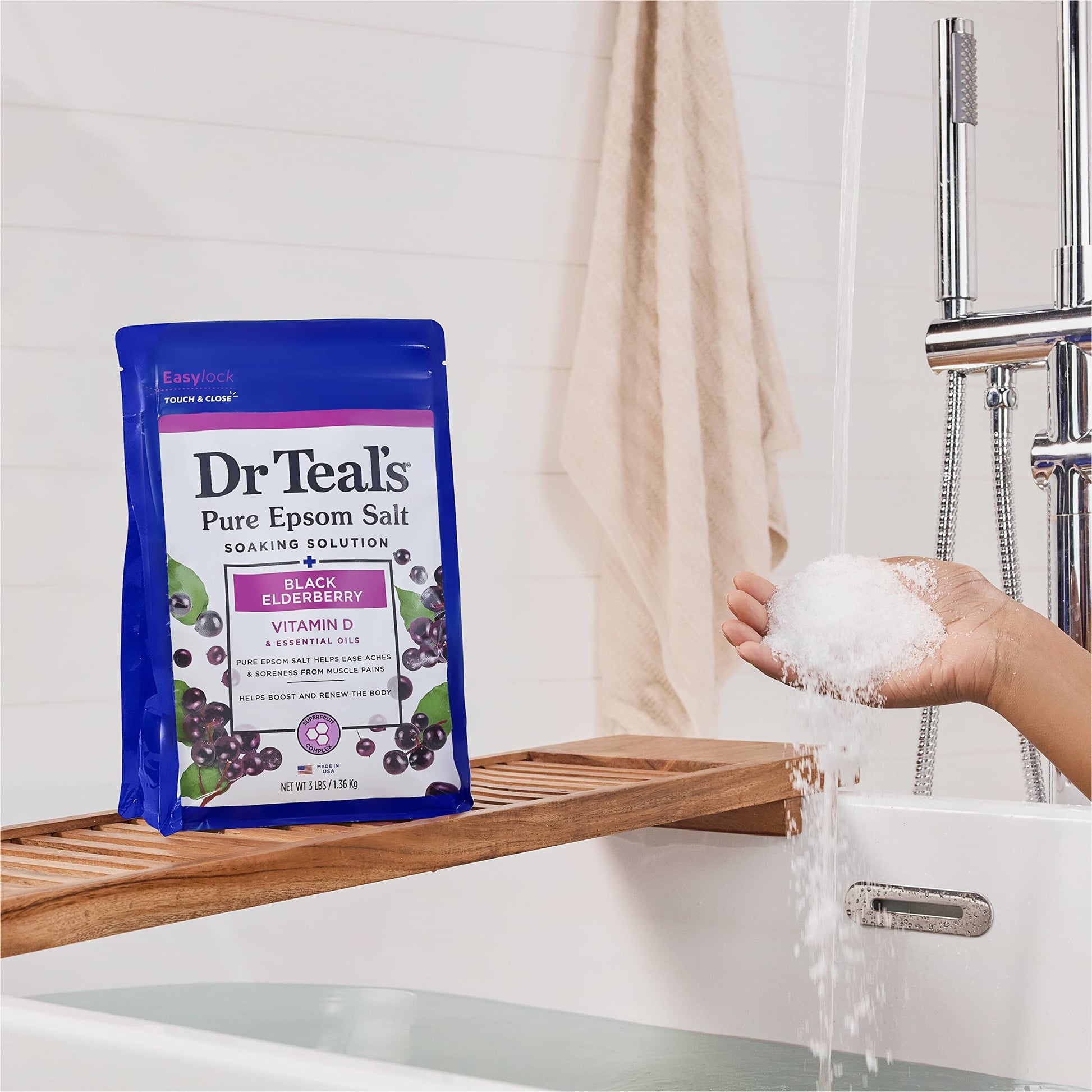 Dr Teal's - Sal pura de Epsom Magnesium Soak, saúco negro con vitamina D, 3 libras (paquete de 4)
