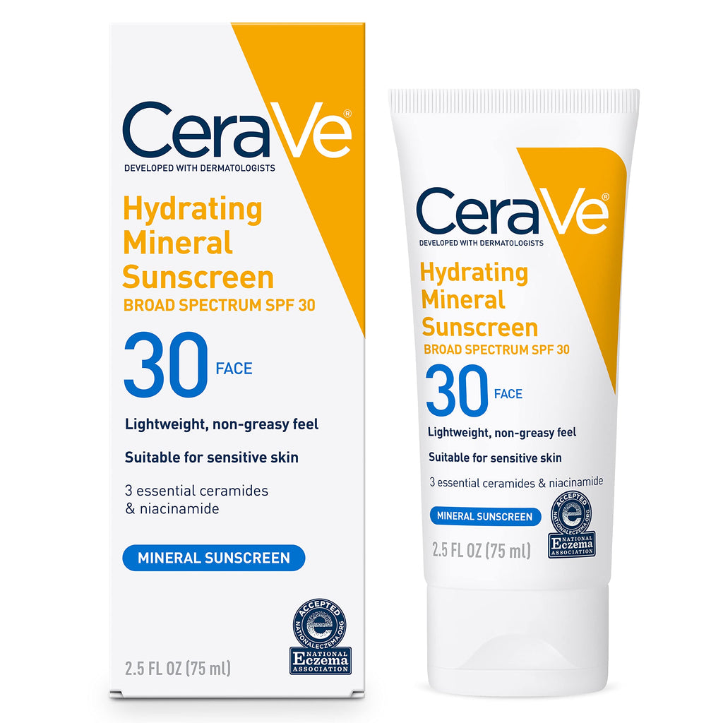 CeraVe - Protector solar 100 % mineral FPS 30, protector solar facial con óxido de zinc y dióxido de titanio, ácido hialurónico, niacinamida y ceramidas, sin aceite, tamaño de viaje de 2.5 oz
