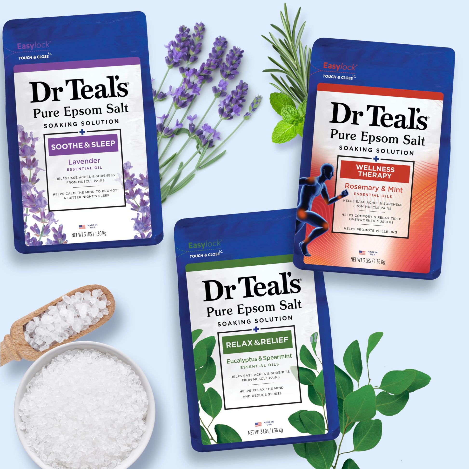 Dr Teal's - Sal de Epsom pura, lavanda, eucalipto y paquete de trío de bienestar, 3 libras (paquete de 3)