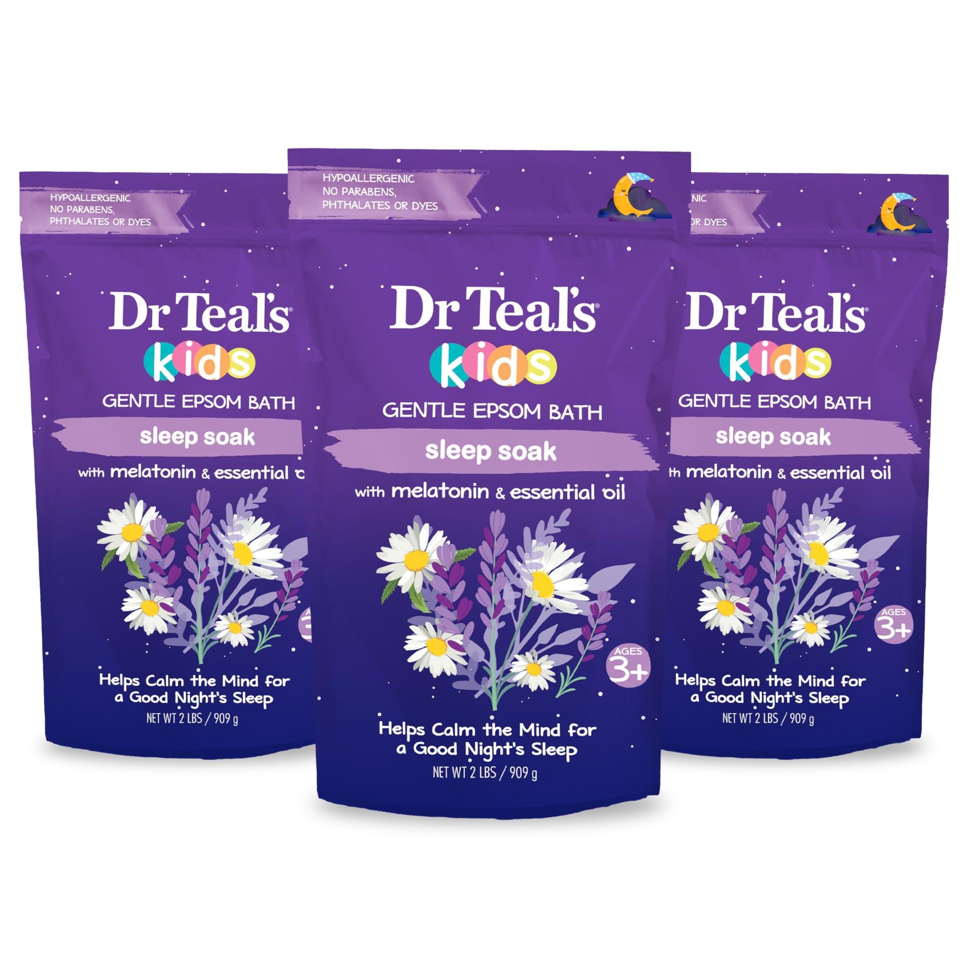 Dr Teal's - Sal de Epsom suave para niños, remojo para dormir con melatonina y mezcla de aceites esenciales, 2 libras (paquete de 3)