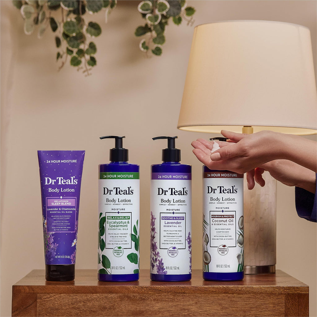 Dr Teal's - Loción corporal + 24 horas de Hidratación , eucalipto, menta verde y aceites esenciales, 18 onzas líquidas (paquete de 3)