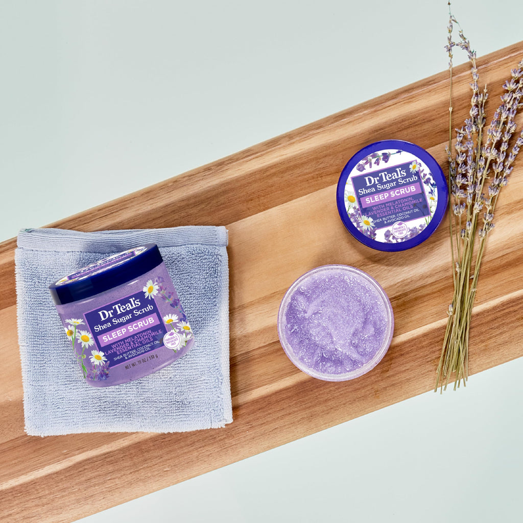 Dr Teal's - Exfoliante corporal de azúcar de karité, diurno/noche con vitamina C y mezcla para dormir, 19 onzas (paquete de 2)