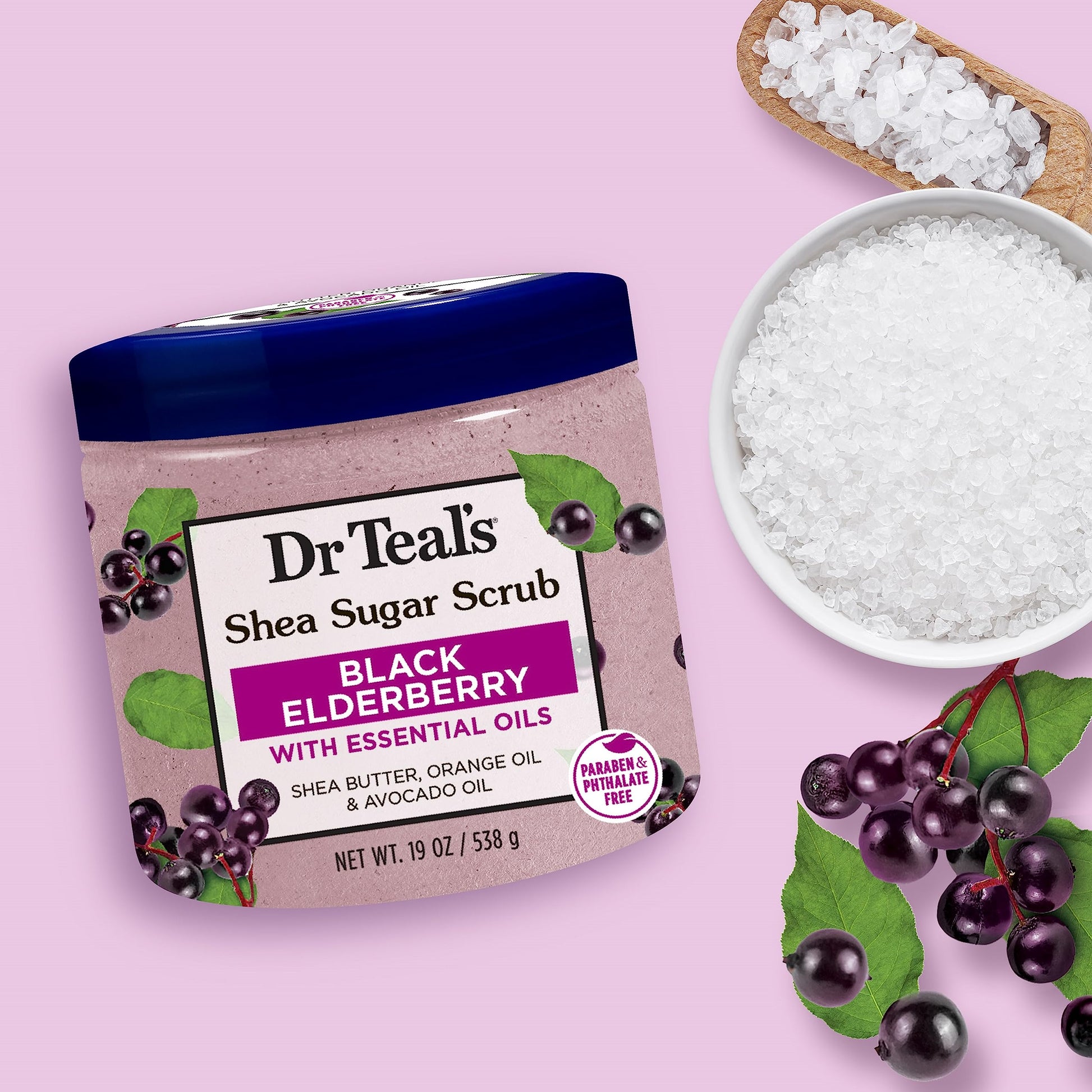 Dr Teal's - Exfoliante corporal de azúcar de karité, saúco negro con aceites esenciales, 19 onzas (paquete de 3)