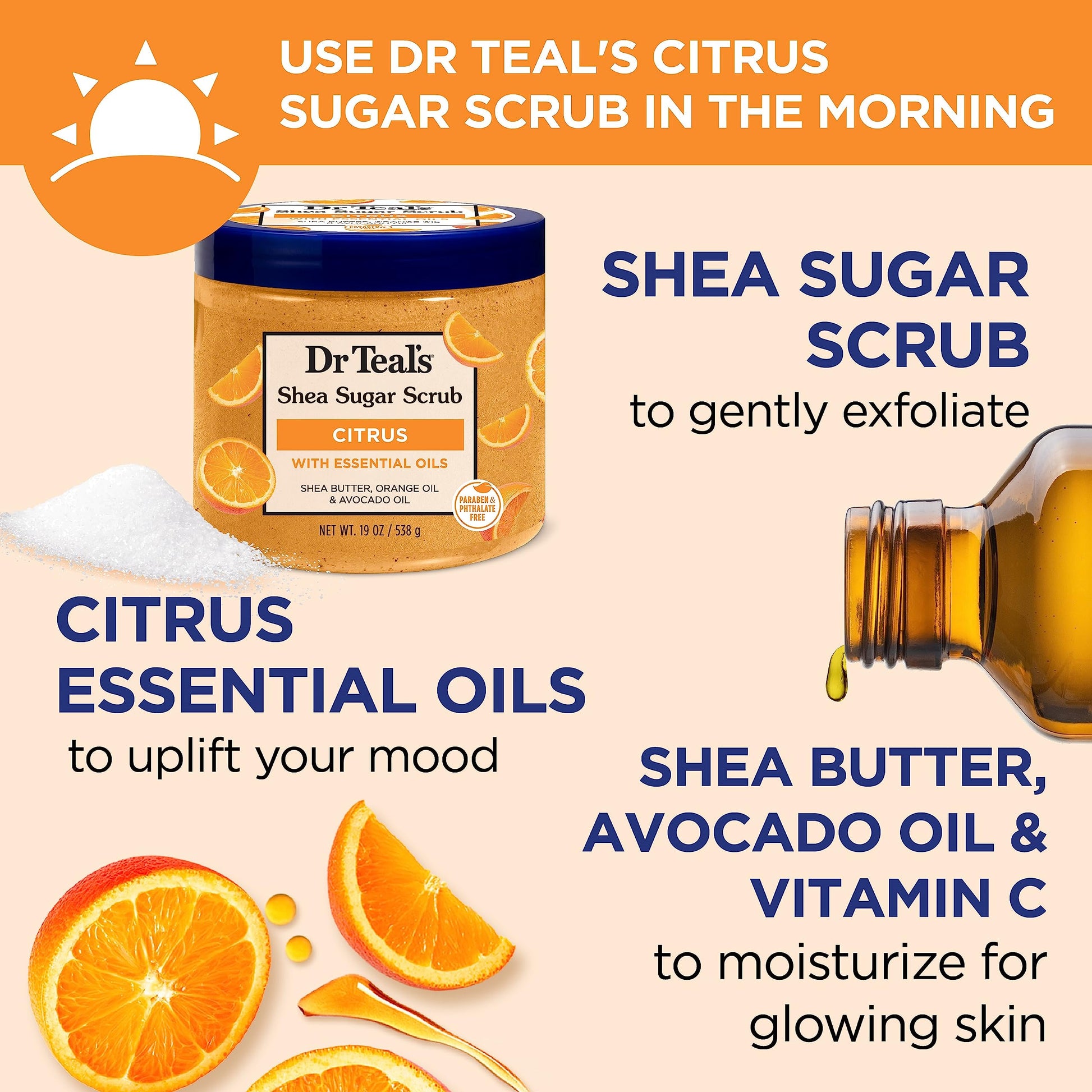 Dr Teal's - Exfoliante corporal de azúcar de karité, diurno/noche con vitamina C y mezcla para dormir, 19 onzas (paquete de 2)